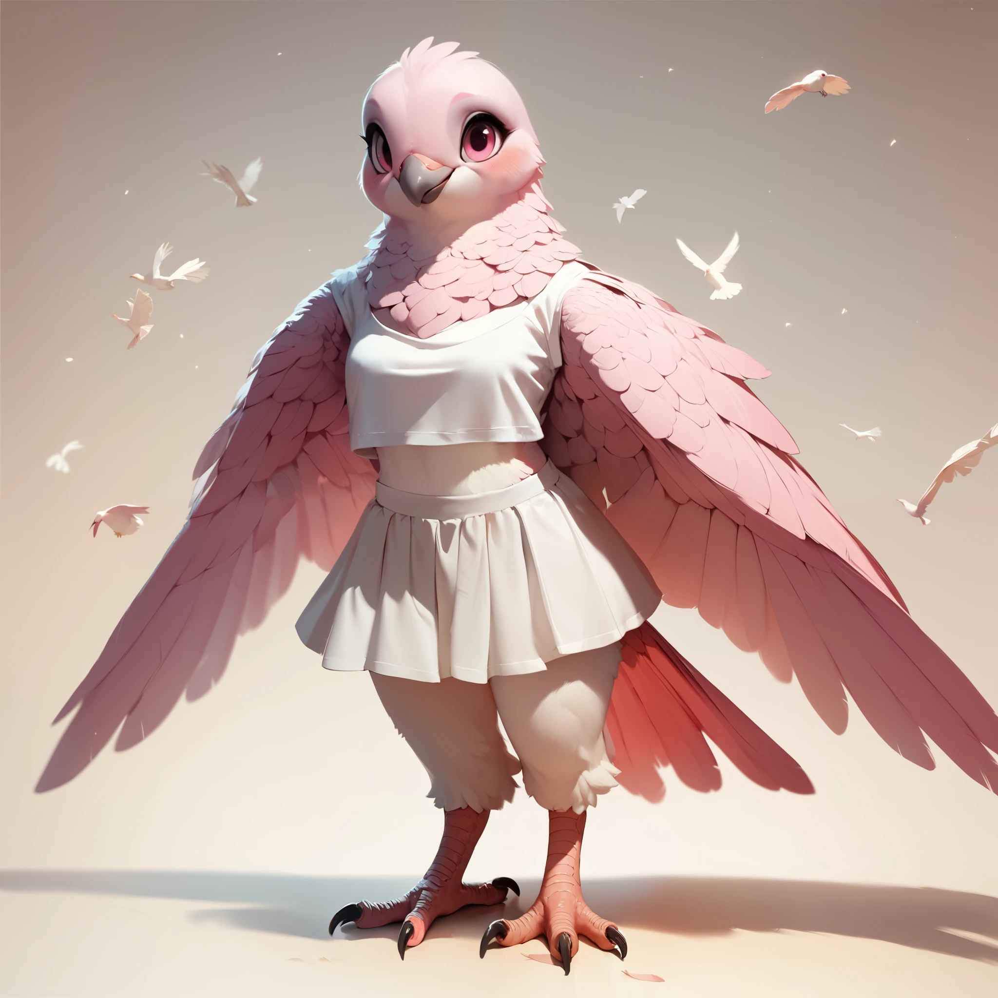 score_9, score_8_up, score_7_up, score_6_up,fscore_9, score_8_up, score_7_up, source_furry, feathers, claws, furry female, body feathers, dove, wings, feathered wings, pink body, pink tail, pink eyes, blush, smile, (white top, white short skirt), front view, standing, full length, detailed background, detailed,