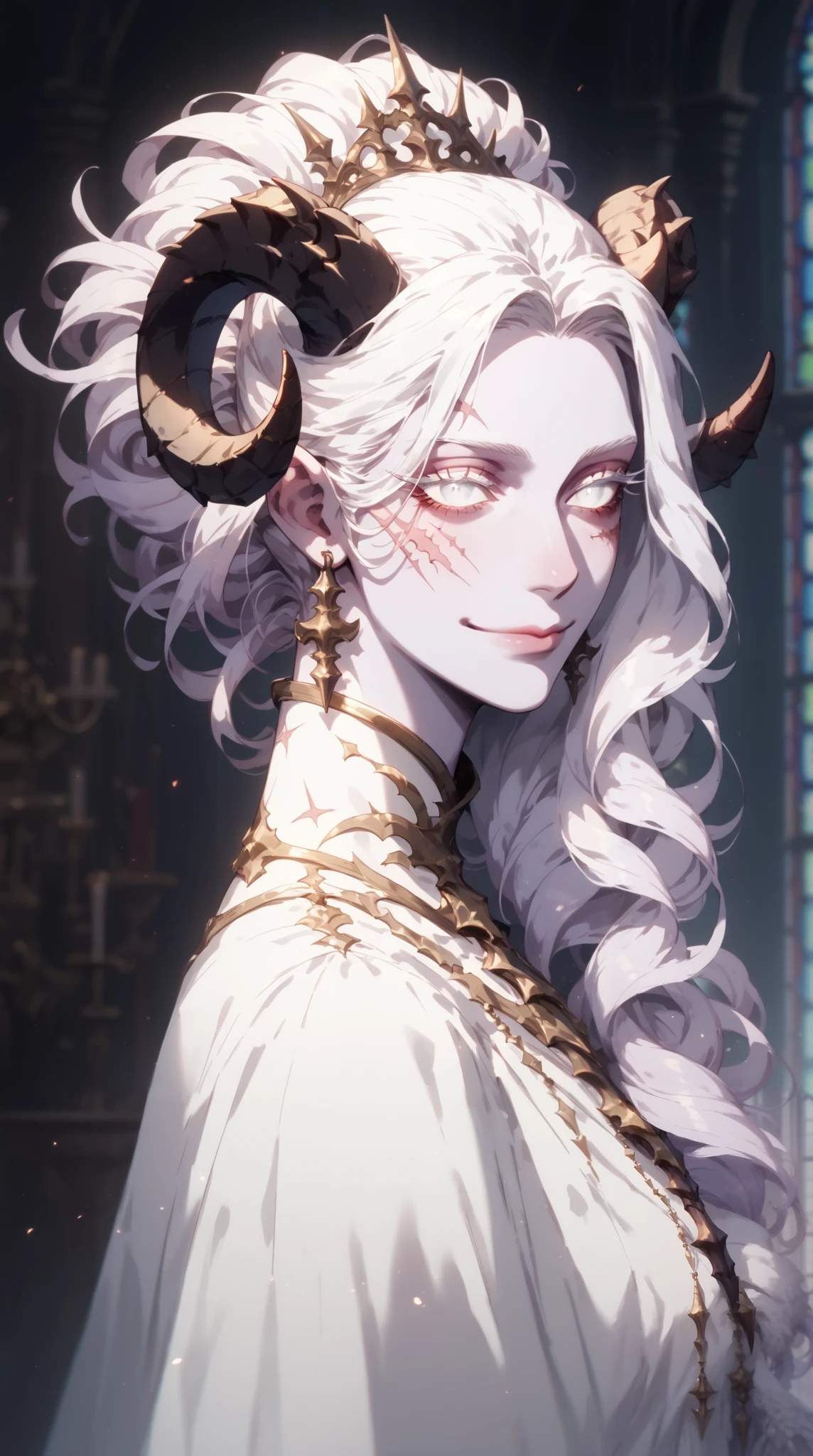 ((Masterpiece, dark fantasy drawing, painting style)) demon, 1woman, 40 years old, female, slender, pastel pink skin, blind, white eyes, scars around the eyes, white eyelashes, white owl sits on her shoulder, multiple horns growing on her head, four sets of horns on head, horns curling down, ram horns, horns growing up and back, white hair, fine hair, silky hair, detailed hair, detailed face, wearing a purple colored blouse, her feet are pointy metal tips, her legs end in sharp metal points, pointy metal spikes instead of feet, gentle smile, standing in the study, light filtering through the stained glass windows, full body shot