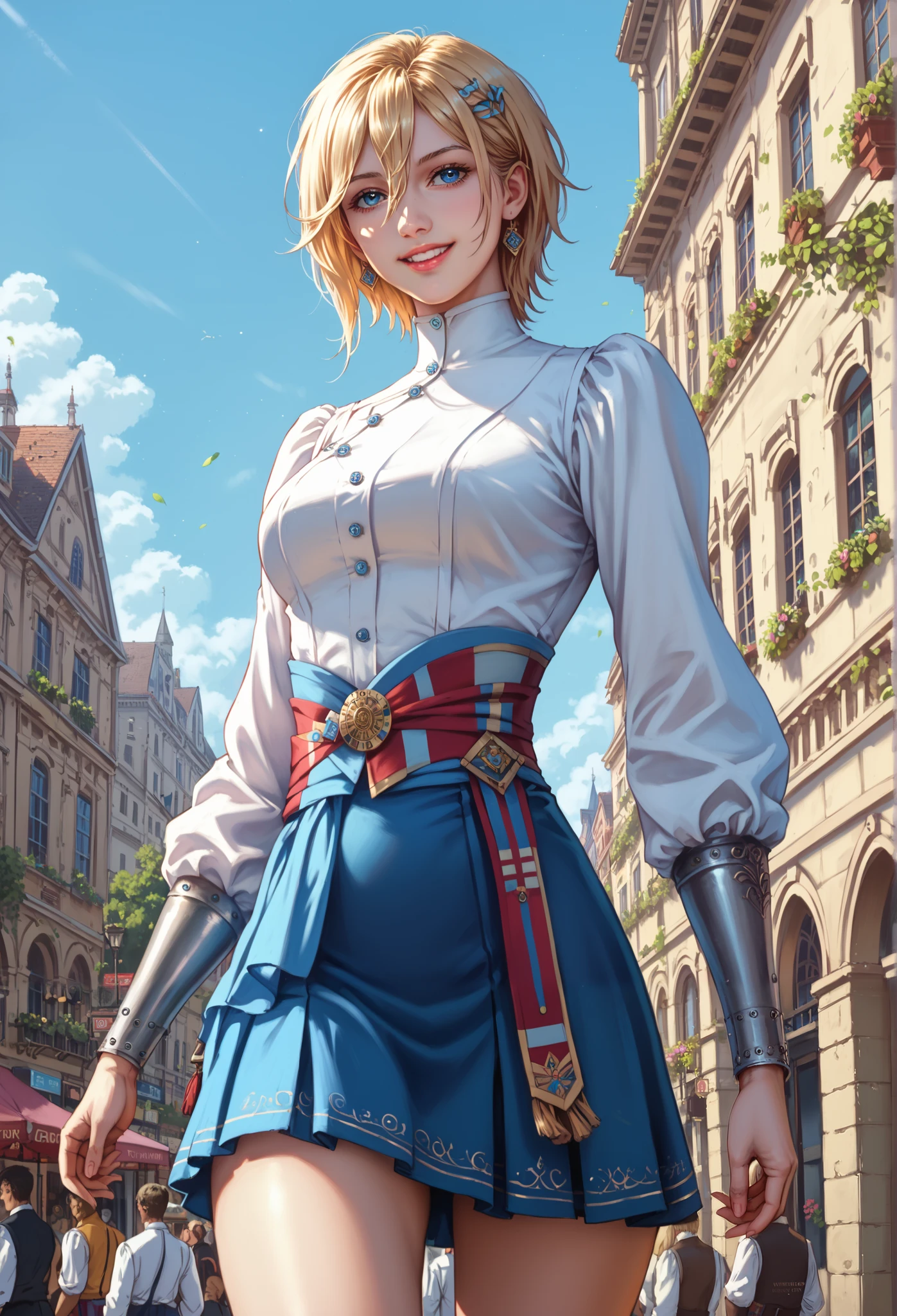 (masterpiece:1.2), [(female warrior with a ornate elegant sophisticated cover walking away), (hair between eyes, fringe),(short blonde hair flowing), (blue eyes), in a swordsman style dark armor, gorgeous platinum bracers, slender figure, toned thighs and round buttocks, face details, wearing ornate short skirt, cinematic, dramatic, adventurous, intricate, detailed, ornate, elegant, sophisticated, female protagonist, strong female character, toned body, tight clothes, stunning cover, slim waist, stretching, smiling happy], (focus on the face:1.2), low angle shot from front, (medieval city, old buildings, empty streets), (best quality , 8k,  highres icon, incredible quality, very aesthetic,absurdres,newest), ultra-detailed, realistic,  photorealistic, (photorealistic:1.4), HDR, Ultra HD,  studio lighting, ultra-fine painting, (sharp focus:1.2), physics-based rendering, description with extreme details, vivid colors, bokeh effect, Professional