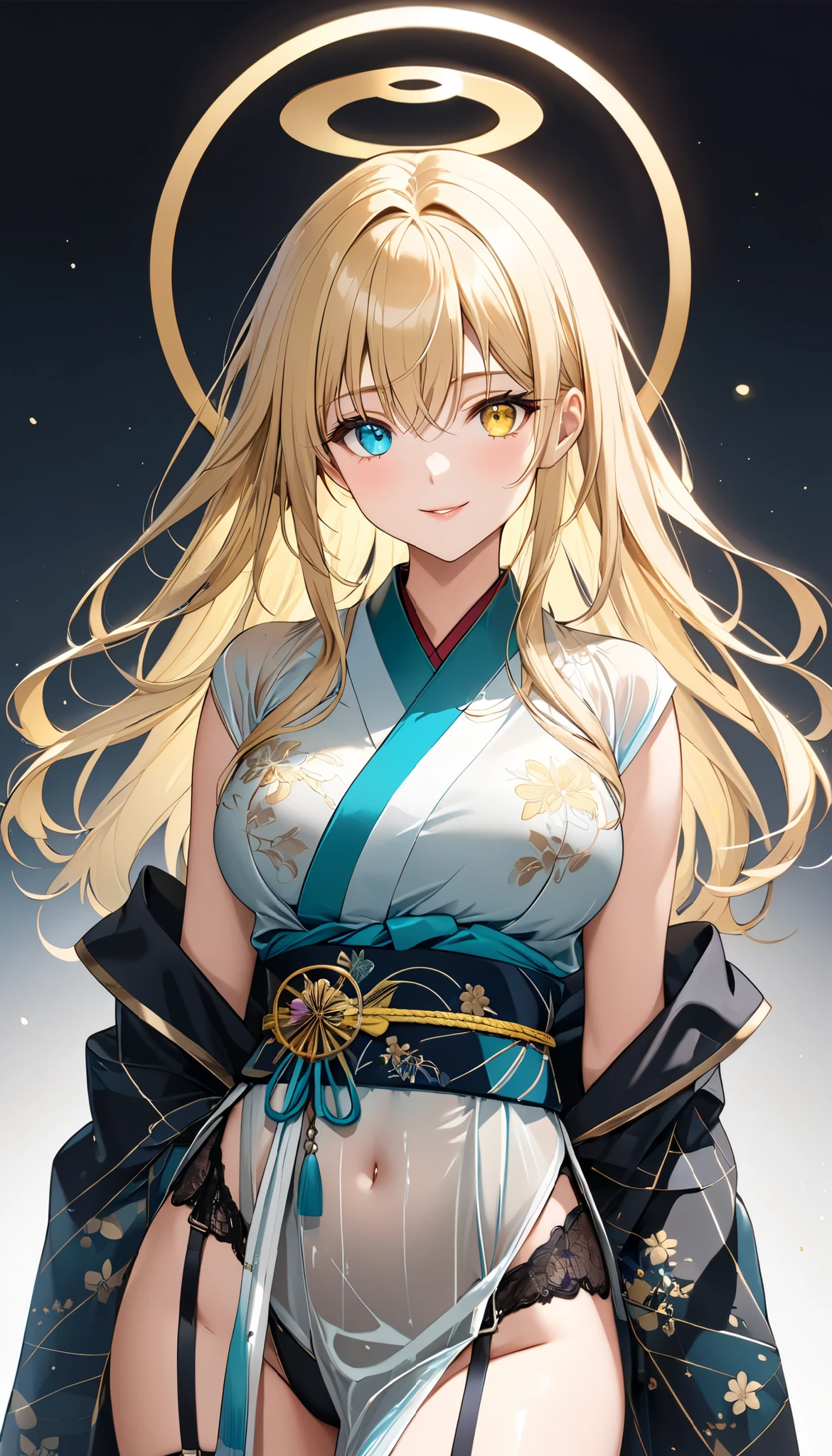 1girl ,
{ standing}
Height: 158cm,
Alone,
Beige Skin,
Cheeks are ruddy,
((The iris on the left is medium aquamarine and the iris on the right is yellow ))
((Complete iris heterochromia )),
beautiful eyes,
large black pupils ,
Her hair is messy and tied up.,
blonde,
the tips of the hair are whitish ,
The hair has gradation ,
shiny hair,
young but beautiful and bewitching face ,
The lips are extremely small,
smiling ,
A small, shining halo is floating above her head.,
the tips of the eyebrows are slightly lowered ,
the upper body is worn in kimono ,
mega breastsは柔らかそう,
Slim waist,
thin legs ,
The lower half of her body is covered in a long, transparent Chinese dress-like garment with slits on both sides of her waist.,
The color of the obi is red ,,
The obi is tastefully embroidered with silver thread.,
fine fabric clothing ,
Thong underwear,
garter belt,
stockings,
the thigh strap cuts into the skin ,
Are the tips of long boots Japanese style,
Isometric,
golden ratio,
god々 atmosphere,
She is wearing a stand-up collared undershirt.,
tactical use of shadows ,
the ring of the head and hair fit inside the frame ,
Clothes fit inside the frame ,
{ full shot}
facing the front,
fresh illustration ,
Superfine painting,
very delicate illustration ,
Very fine details ,