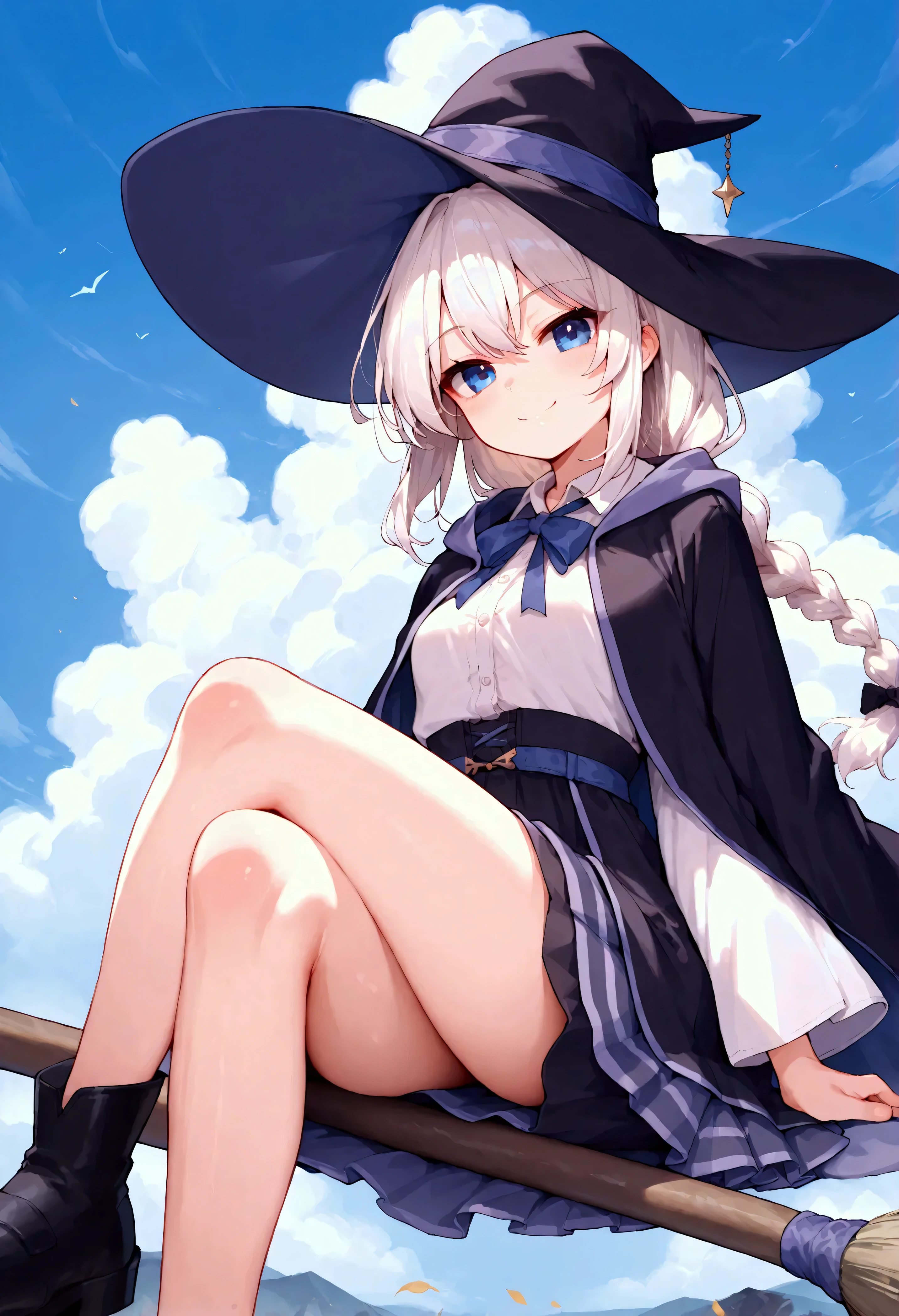 score_9_up, score_8_up, score_7_up,source_anime,Elaina, white hair, long hair, blue eyes, low-tied sidelock, single sidelock, def_side_braid, def_hair_ribbon, Elainadef, def_shirt, def_neck_ribbon, def_skirt, def_robe, witch hat, black footwear, standing, looking at viewer, smile, sitting,sitting on broom, sidesaddling, floating broom, crossed legs,small breasts