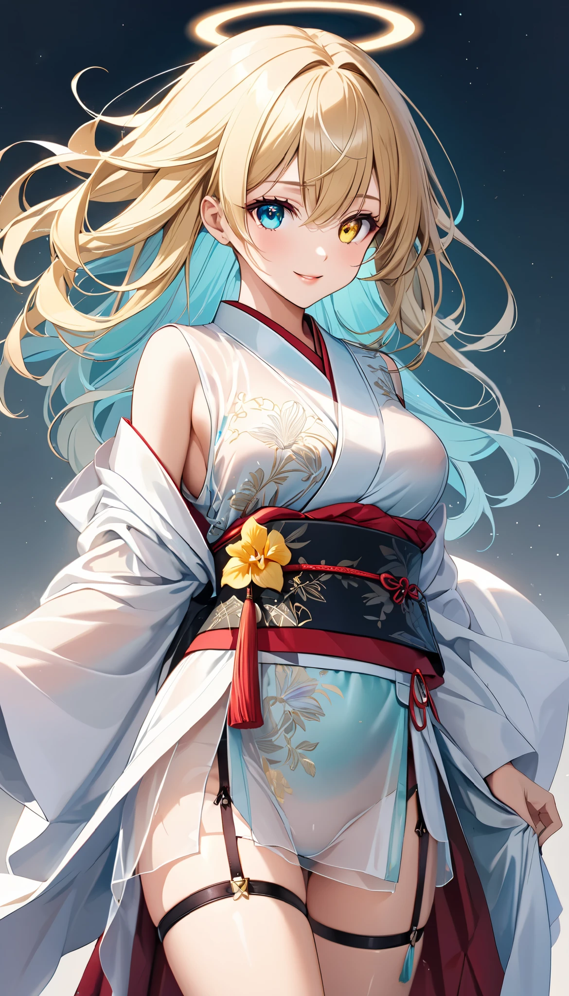 1girl ,
{ standing}
Height: 158cm,
Alone,
Beige Skin,
Cheeks are ruddy,
((The iris on the left is medium aquamarine and the iris on the right is yellow ))
((Complete iris heterochromia )),
beautiful eyes,
large black pupils ,
Her hair is messy and tied up.,
blonde,
the tips of the hair are whitish ,
The hair has gradation ,
shiny hair,
young but beautiful and bewitching face ,
The lips are extremely small,
smiling ,
A small, shining halo is floating above her head.,
the tips of the eyebrows are slightly lowered ,
the upper body is worn in kimono ,
mega breastsは柔らかそう,
Slim waist,
thin legs ,
The lower half of her body is covered in a long, transparent Chinese dress-like garment with slits on both sides of her waist.,
The color of the obi is red ,,
The obi is tastefully embroidered with silver thread.,
fine fabric clothing ,
Thong underwear,
garter belt,
stockings,
the thigh strap cuts into the skin ,
Are the tips of long boots Japanese style,
Isometric,
golden ratio,
god々 atmosphere,
She is wearing a stand-up collared undershirt.,
tactical use of shadows ,
the ring of the head and hair fit inside the frame ,
Clothes fit inside the frame ,
{ full shot}
facing the front,
fresh illustration ,
Superfine painting,
very delicate illustration ,
Very fine details ,