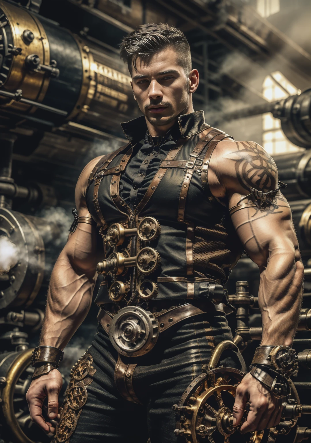 ((Masterpiece, High Quality)), Best Quality, highly detailed , ultrarealistic , cinematic ,realistic , photorealistic realistic eyes, intricate details, detailed background, depth of field, dynamic pose, dynamic angle ,male focus ,muscled man (1.0) ,handsome (detailed face) ,Young Arafed muscular chiseled very handsome man , (( steam4rmor,A muscular bodybuilder (1.0), veins on his arms , attractive tattooed man dressed in a detailed steampunk vest not covering his chest and abs(1.0), showing his muscled body with tattoos(1.0) ,The outfit includes leather straps, brass gears , a vest, and metallic accents. The man has a confident and alluring pose, with a mysterious expression. The background features an industrial steampunk setting with steam pipes, machinery, and a warm, vintage dark atmosphere , highly detailed, , detail face, tool enhancer ,slider 1.0)), realistic, masterpiece, intricate details, detailed background, depth of field, photo of a man ,looking like courage , ((light bokeh)) , highlighting the strong muscle lines , symbol of strength. Perspective and perspective: shooting from a low angle , highlighting the height and majesty of men. Or use a side perspective to show the posture and tattoo of a men.