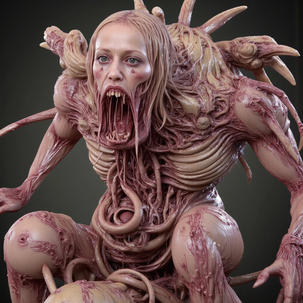 Red demon tree, demon tree figure, demon tree figure with a goddess face, the trunk seems to resemble a kneeling woman, covered with tentacles, fine details. Anime. Tentacles, tentacles surrounding, entwined black tentacles, some tentacles touching her, huge greasy tentacles and eyes, many tentacles that were sucked. Hybrid, biomechanical Oppein, many tentacles, slime and tentacles, twisted tentacles
