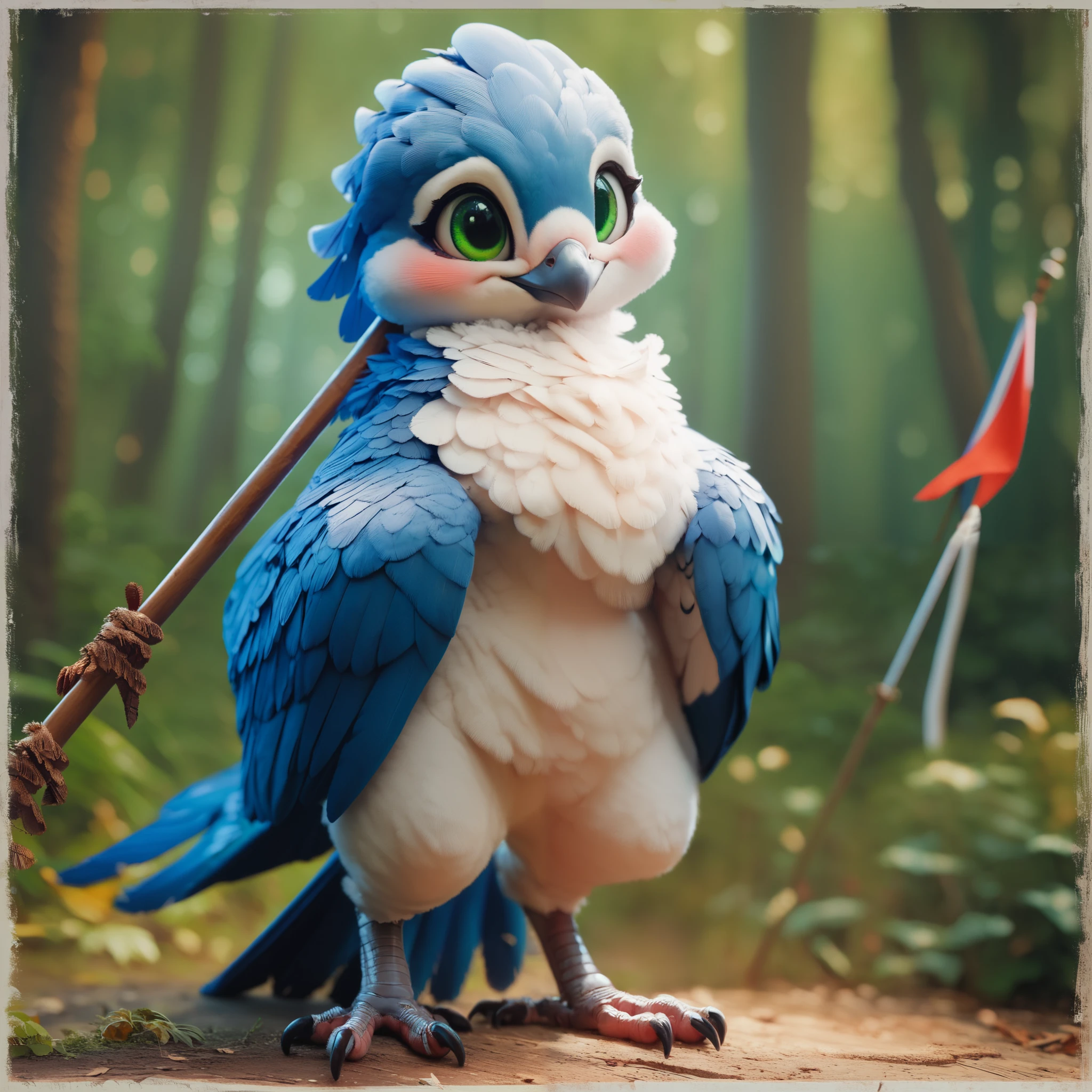 score_9, score_8_up, score_7_up, score_6_up,fscore_9, score_8_up, score_7_up, source_furry, feathers, claws, furry female, body feathers, dove, wings, feathered wings, blue body, blue tail, green eyes, blush, smile, (черные шорты и белая футболка usa fith US flag), front view, standing, full length, detailed background of green cinematic forest from the movie, detailed,