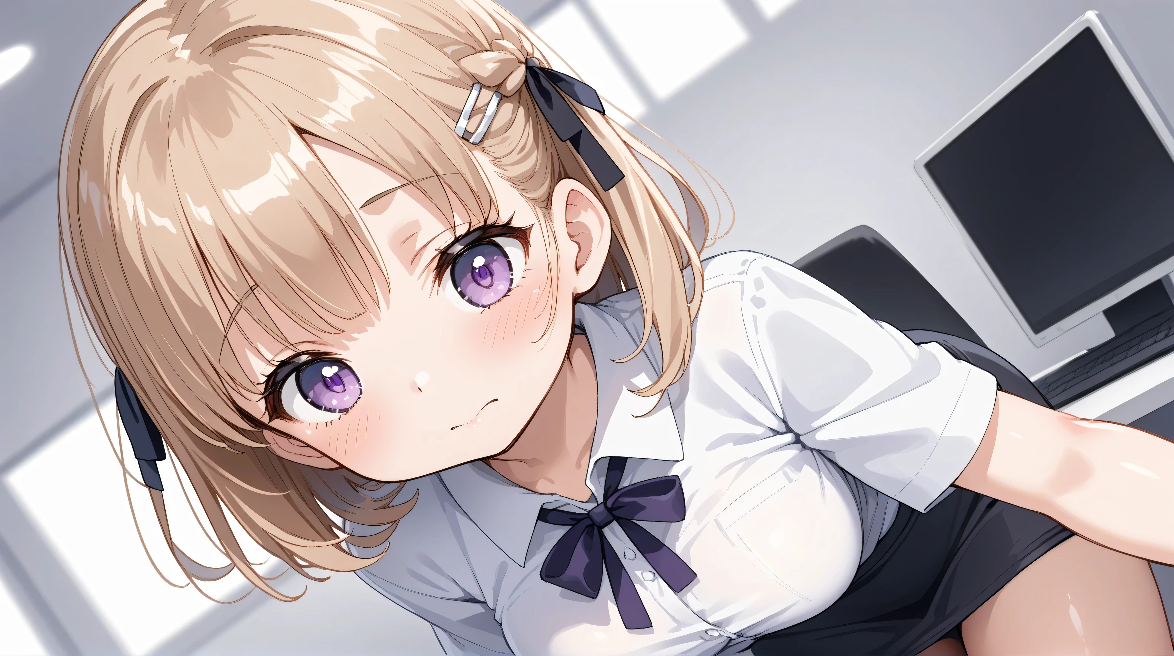 master piece, best quality, 2D, anime, anime-style, lineart, watercolor,
BREAK
(nsfw:0.0), (li:1.1), 14, (one girl:1.5), (solo:1.5),
BREAK
medium, fair skin,
BREAK
(medium breasts:1.5), (big breasts:1.0),
BREAK
(light brown hair:1.3), (short hair:1.0), half updo, braided hairstyle,
BREAK
hairpin, hair ribbon,
BREAK
(amethyst eyes:1.4), (tareme:1.0),
BREAK
(blush:1.4), (expressionless:0.9), (embarrassed:1.3), (torogao:0.0), (sweat:0.0), (obscene:1.1),
BREAK
(looking down:1.0), (looking ahead:1.0), (side glance:1.0),
BREAK
(cowboy shot:1.0),
BREAK
(show off bra:0.0), (show off nipples:0.0), (show off panites:0.0), (show off pussy:0.0),
BREAK
(dynamic angle:1.6), (depth of field:1.5), (blurry background:1.5),
portrait, (focus on face:0.0),
(from below:0.0),
BREAK
(drop shadow on the face:1.6), (backlighting:1.0),
BREAK
(slouched Posture:1.6),
BREAK
(office lady:1.6), (black panties:0.0), (camel toe:0.0),
BREAK
white wall, white floor,