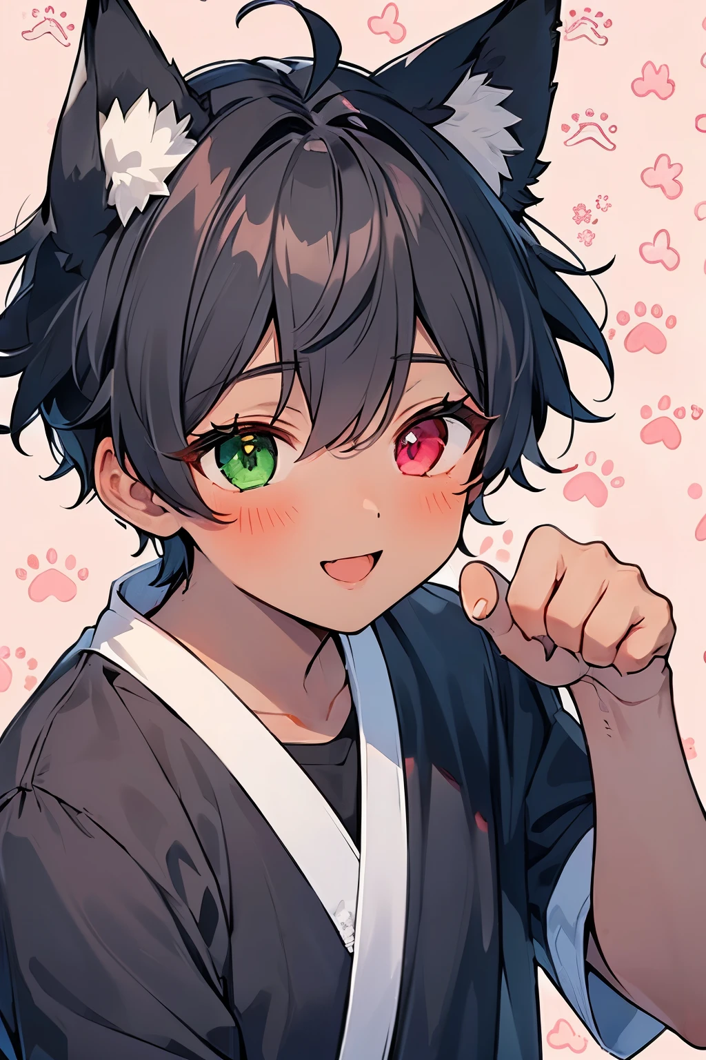((1-boy :1.5)),(( adult male:1.0)),black hair,(very short hair:1.0),right eye is yellow,left eye is green,( heterochromia),((Kirakira eyes :1.0)),(looking viewer:0.8),(looking up:0.5),((kawaii)),(Active Pause:1.3),(open to mouth:1.0),( portrait:0.8),((paw pattern background:1.3)),((dark skin body:1.1)),(( A Pleasant Smile Full of Lust)),(fox ear:1.0),(Fox Tale :1.0)