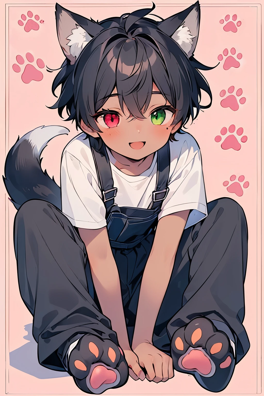 ((1-boy :1.5)),(( adult male:1.0)),black hair,(very short hair:1.0),right eye is yellow,left eye is green,( heterochromia),(looking viewer:0.8),(looking up:0.5),((kawaii)),(Active Pause:1.3),(open to mouth:1.0),( portrait:0.8),((paw pattern background:1.3)),((dark skin body:1.1)),full body,(( A Pleasant Smile Full of Lust)),(fox ear:1.0),(Fox Tale :1.0)