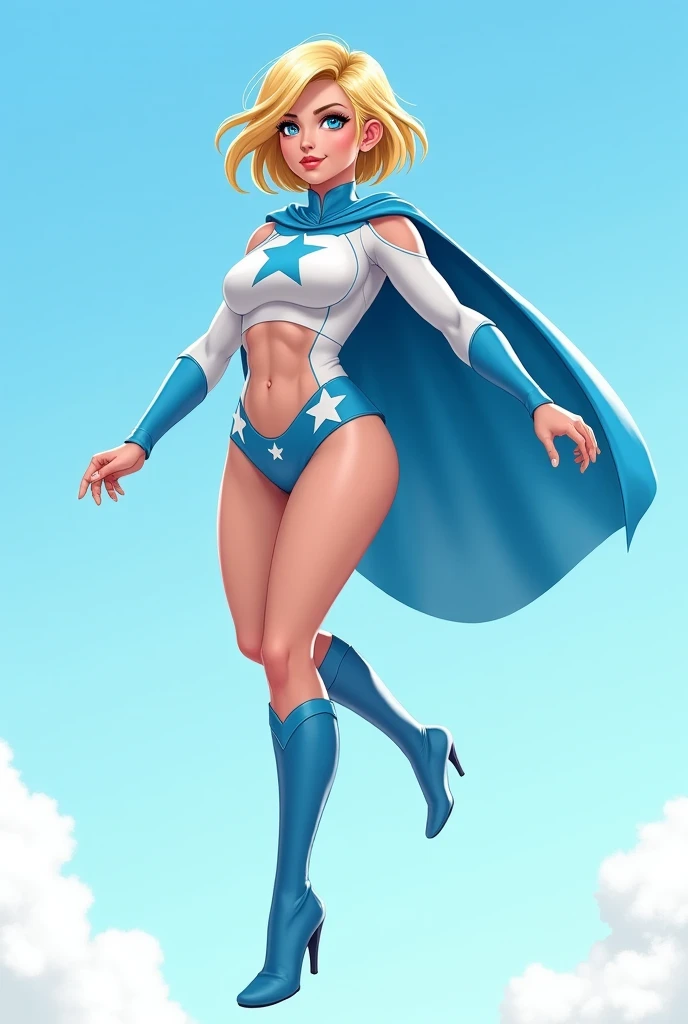 1girl, power girl, lips,smile, cleavage cutout, center opening, belt, blonde hair, blue eyes, cape, cleavage, (((blue gloves))), highleg, white leotard, short hair, 1girl, full body, masterpiece, best quality,, outdoors, skyscrapers, solo, superhero, upper body ,masterpiece, smile,hands on hips