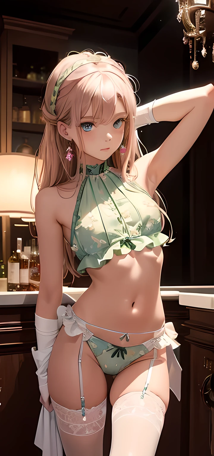masterpiece,Ultra-high resolution、Highest quality、Sexy pose、Dimly lit bar background at night、Lime green hair、Tie your hair back:1.2, Pink Eyes, Sexy look、Tilt your head、Tanned dark skin、Large gold earrings and necklace:1.5,、Model walking、Small breasts、The body is very slim、skinny、White lace panties、Tight waist、Thin thighs:1.8、Spread your legs,Cowboy Shot、White off-shoulder bikini,White boyleg shorts、A little bit of her white panties are visible、Black thighhighs:1.8、Underwear Focus