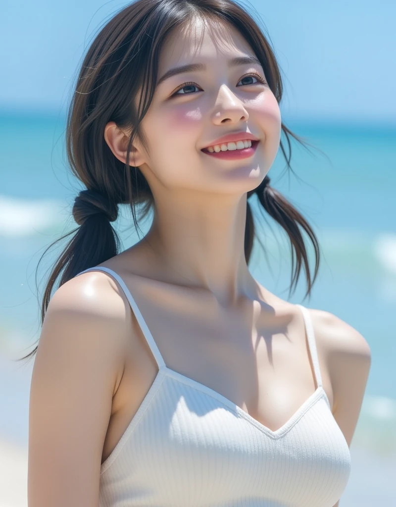 ((Best picture quality, 8K, tmasterpiece:1.3)),((1个Giant Breast Girl)),A small braid,Ultra-fine face,A detailed eye,ssmile,The chest is relatively small,Slender abs,half-body photo,(white dresses,The background is the sea and the islands)),