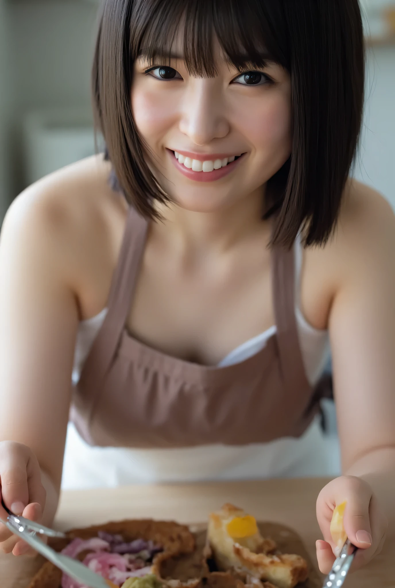 (((Top-Down Configuration:1.4))), ( top quality:1.4), (ultra highres:1.2), (photoGenuineistic:1.4), (16k, in a loop :1.2), ( as a portrait shot :1.3), professional lighting, Japanese Goddesses , gravure, detailed face and skin texture, detailed eyes , Terrestrial Camera , nsfw, beautiful eyes, detailed eyes , beautiful face, detailed face, ((smile:1.5)), ( top quality), Growing Skin , (Smooth lighting:1.2), (Cinema Lighting:1.2), a picture of a topless woman preparing Food naked in the kitchen, 1 girl, naked ass, naked ass, alone, apron, Chest, black hair, watching viewers , kitchen, beautiful eyes, holding , Indoors, cooking, naked apron, Food, small Chest, shoulder out, Stove, sideboob, Closed Mouth, bangs, cowboy shooting, (nsfw), ((masterpiece)), (( top quality)), ( More details), cute, (device), (( is very fine outdoors )), 4K, (8k), top quality, ( beautiful), Genuineistic, Genuine