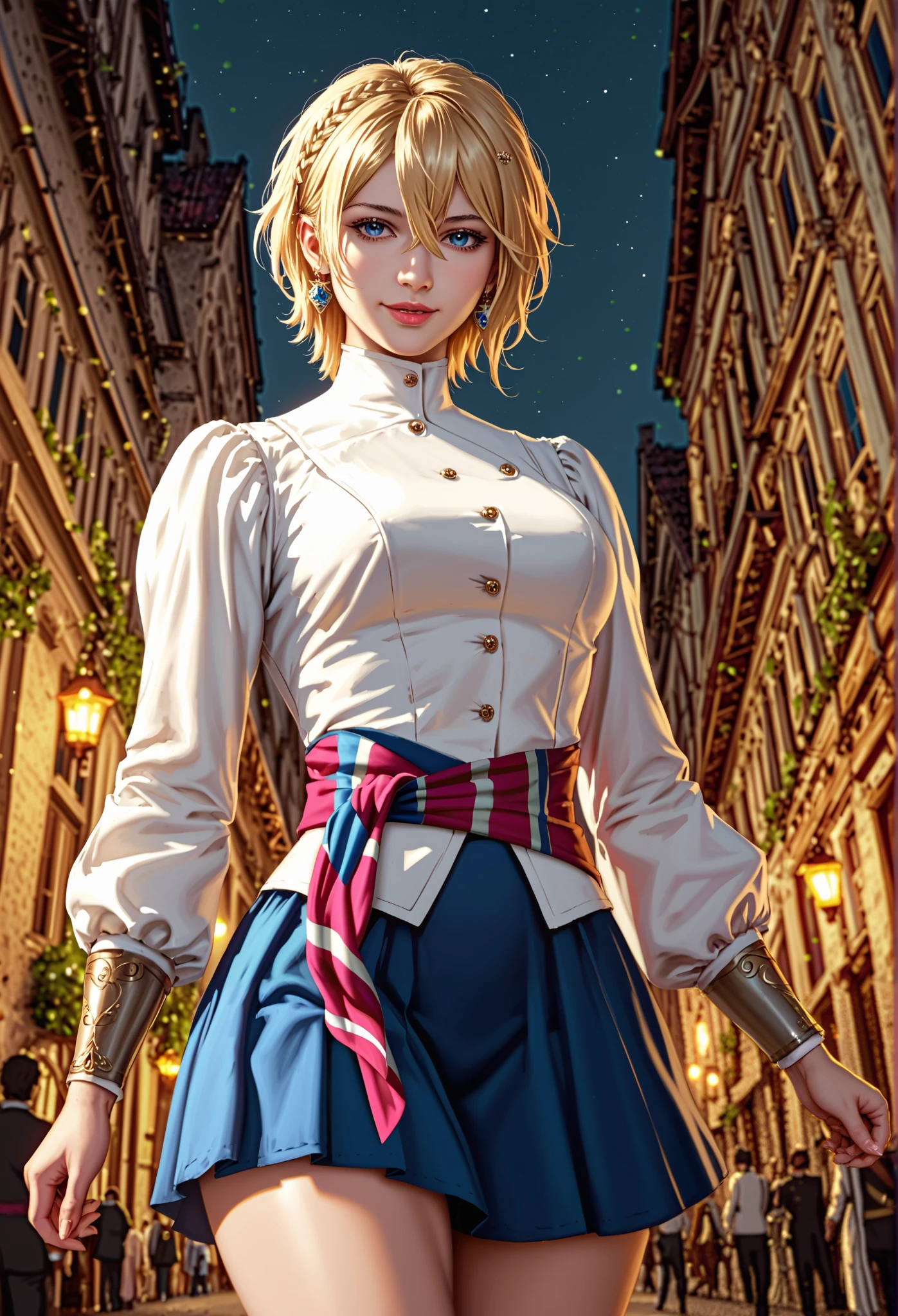 (masterpiece:1.2), [(female warrior with a ornate elegant sophisticated cover walking away), (hair between eyes, fringe),(short blonde hair flowing), (blue eyes), in a swordsman style dark armor, gorgeous platinum bracers, slender figure, toned thighs and round buttocks, face details, wearing ornate short skirt, cinematic, dramatic, adventurous, intricate, detailed, ornate, elegant, sophisticated, female protagonist, strong female character, toned body, tight clothes, stunning cover, slim waist, stretching, smiling happy], (focus on the face:1.2), low angle shot from front, (medieval city, old buildings, empty streets), (best quality , 8k,  highres icon, incredible quality, very aesthetic,absurdres,newest), ultra-detailed, realistic,  photorealistic, (photorealistic:1.4), HDR, Ultra HD,  studio lighting, ultra-fine painting, (sharp focus:1.2), physics-based rendering, description with extreme details, vivid colors, bokeh effect, Professional
