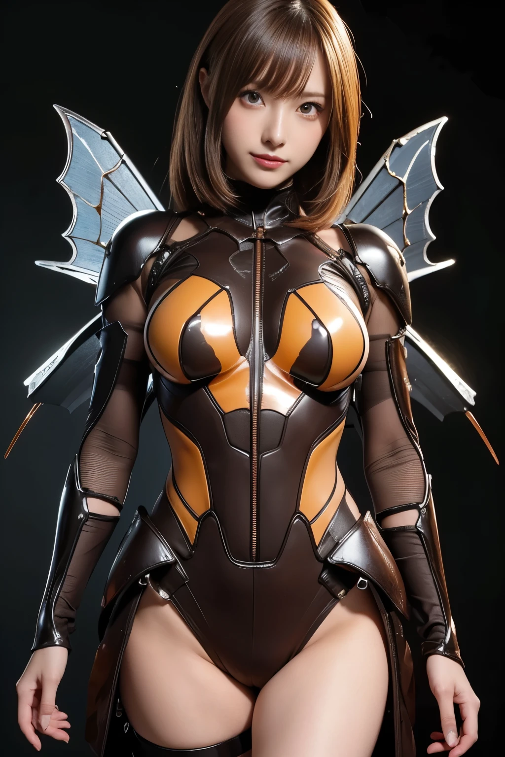 (high resolution,masterpiece,best quality,extremely detailed CG, anime, official art:1.4), realistic, photo, amazing fine details, all intricate, gloss and shiny,awesome many layers, 8k wall paper, 3d, sketch, kawaii, illustration,( solo:1.4), perfect female proportion,villainess, (fusion of dark brown cockroach and lady:1.4), (brown cockroach form lady:1.2), (brown cockroach lady:1.2), (fusion:1.2), (solo:1.4), (evil smile:1.2), muscular, abs, (cockroach brown exoskeleton bio insect suit:1.4), (cockroach brown exoskeleton bio insect armor:1.2), (brown transparency cockroach wing:1.4), (brown cockroach antennae:1.3),