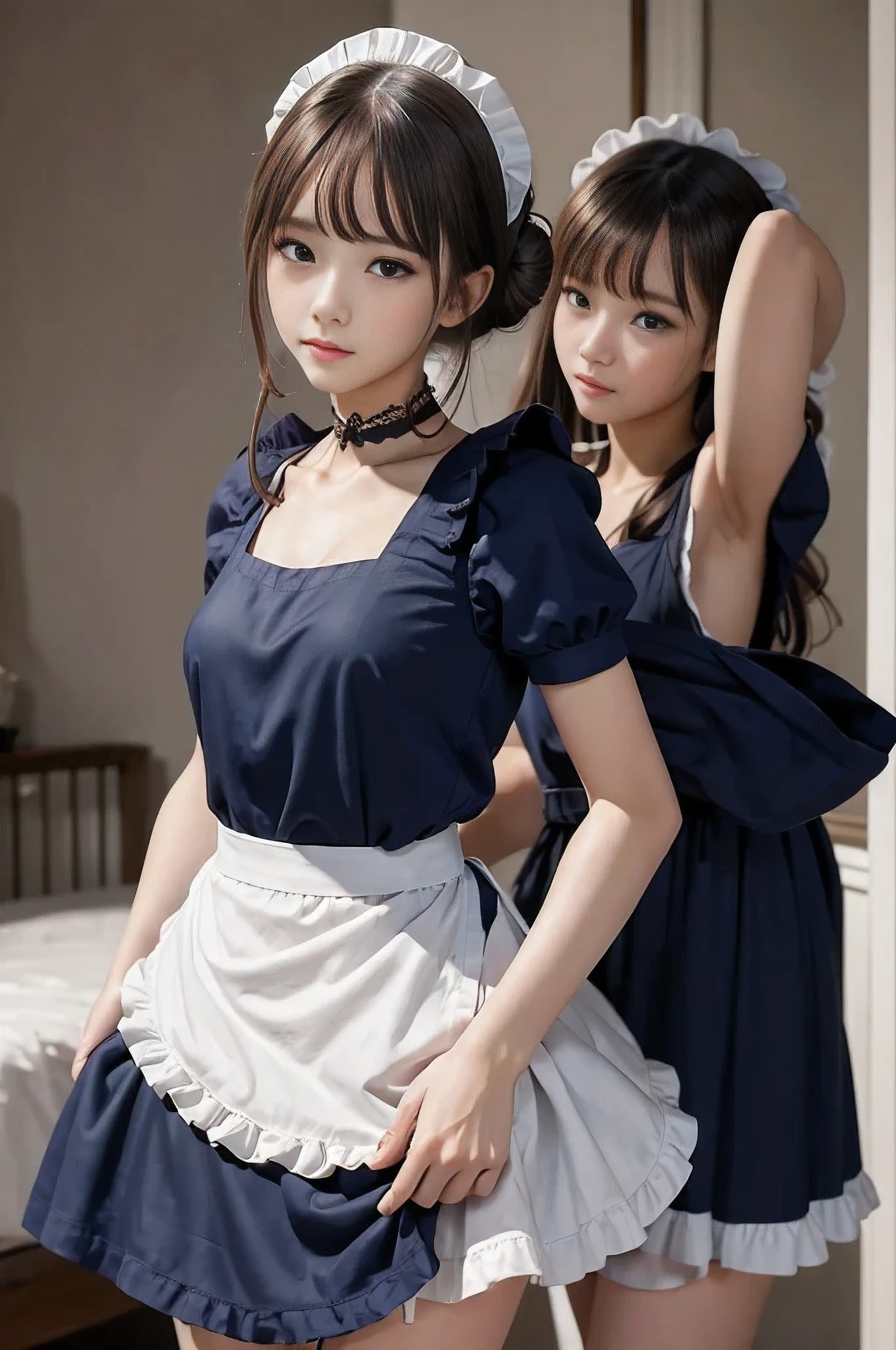 Accurate depiction with high resolution,(8K, Photorealistic, Raw photo, of the highest quality: 1.3), (1girl in), Super beautiful, (Realistic face), (boyish, pink Color Berry Shorthair), Beautiful , Glare that captivates the viewer, Beautiful expression, Beautiful breasts, (Realistic skin), Be...Create a detailed and colorful image of Ram and Rem from Re:Zero, standing back-to-back in their maid outfits, with a magical fantasy background、14years old, two girls,cute, perfect face, beautiful, nice body, gothic lolita clothes, gothic lolita fashion, frilly skirt, headdress, necklace, bracelet, knee-high socks, boots, double eyelids, tear bags, Detailed down to the fingers, photo-like description, indoors, dim indoor lighting, one girl is pink hair and short bob, another girl is light blue hair and short bob,standing,whole body, composition that shows the whole body, smiling,The Both of them are wearing the same type of maid outfit,Optimal ratio of 4 fingers and 1 thumb,walking
