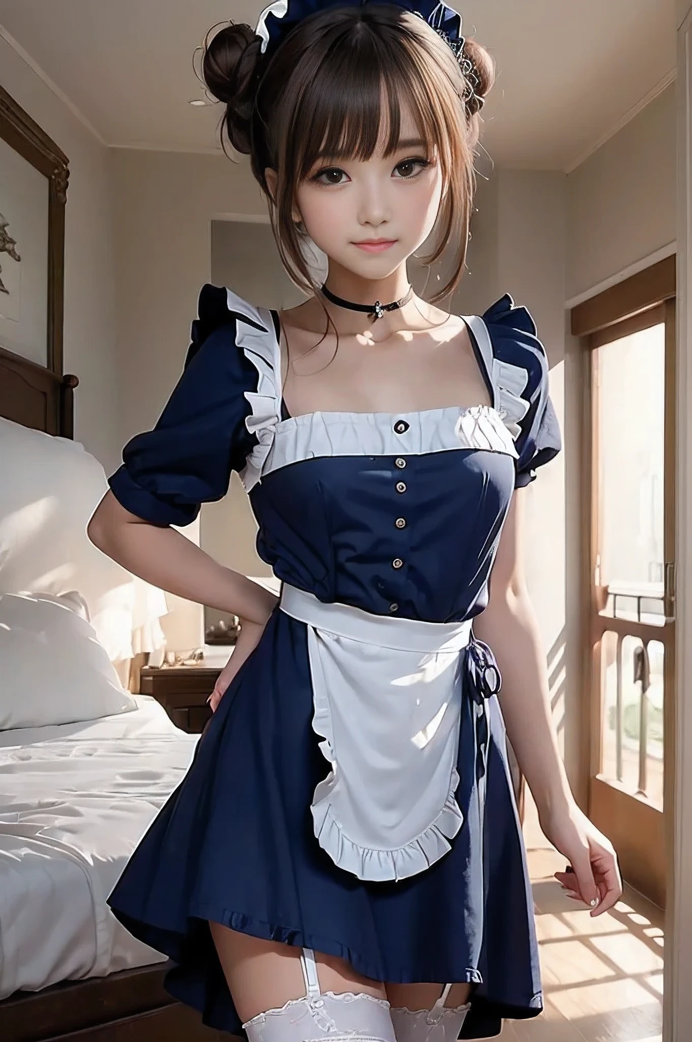 ( RAW photos in the loop:1.2), masterpiece, In 8K,  high resolution, ( is present:1.4), ((Standing in the bedroom:1.4))、(( model posing with small breasts:1.5))、(( cowboy shooting:1.4))、(( shooting from below:1.4))、Dreamy Girl , ((Chest:1.4))、 very detailed目と顔, Beautiful and detailed ,  is present Face,  high resolution,  very detailed,  top quality, ((masterpiece:1.7))、(( garter:1.4))、  very detailed,growing up, Mansion,  top quality, light on the face, light, ((brown single-haired bun:1.4))、  18 year old woman, ( look down and cry 1 .2), Head ornament, (( Navy Blue Maid Clothes:1.5)), Black Ribbon,  puff sleeve that fits inside, Round 1,  choker, ((There are fine ruffles on the white apron:1.4)),