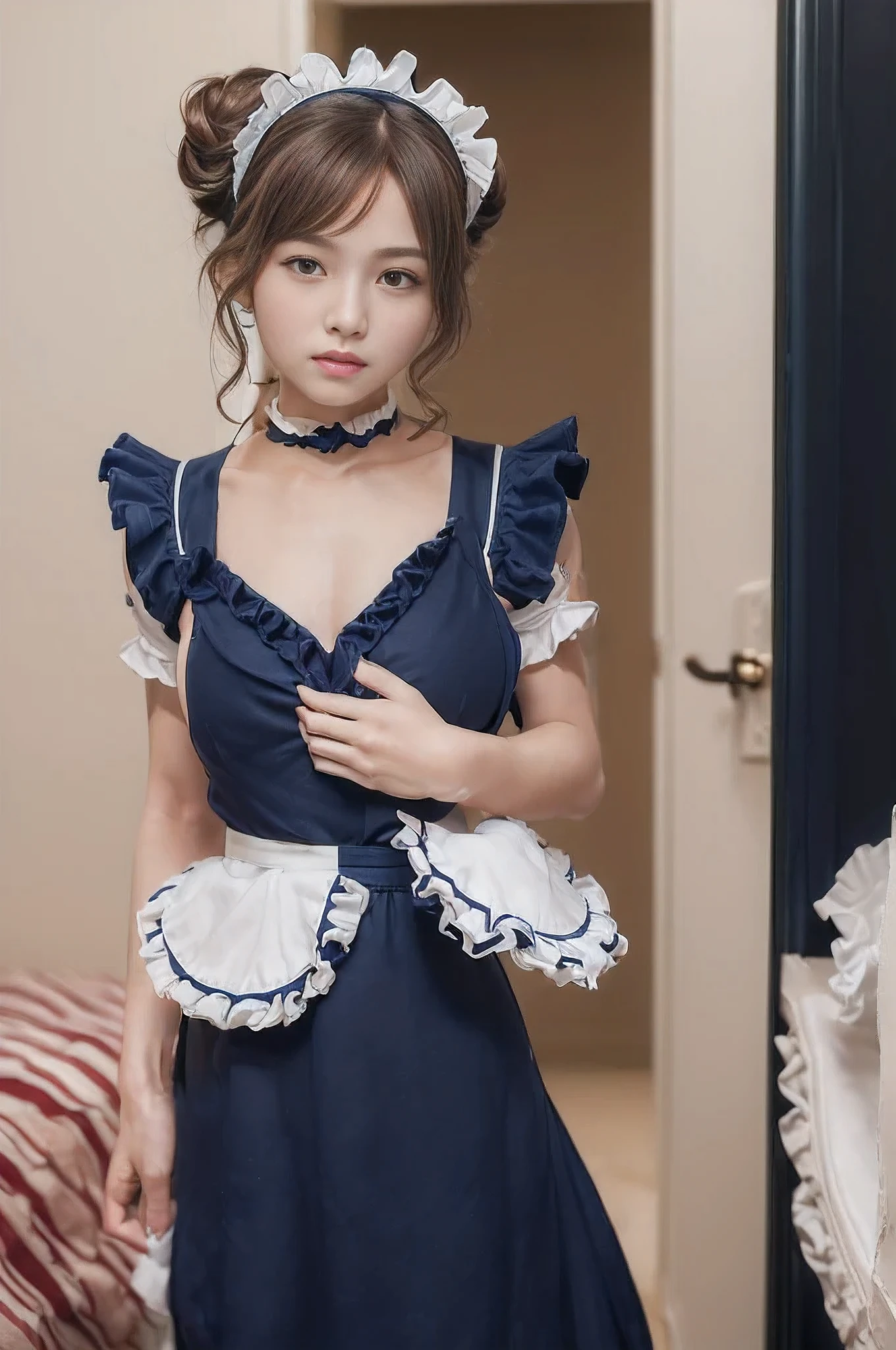 NSFW,(camel toe),(highest quality:1.2), ,(Female genitalia 1.1),In 8K, RAW photo, (blue eyes},{maid headband}{ ta fashion, :1.2), Full body Esbian, {amazing beautiful girl): (double big eyes)}}, Transparent air,face light, professional lighting, cinematic lighting, {detailed face}, background bokeh,{{put one'fingers together'mouth}},{please sit on the sofa}
