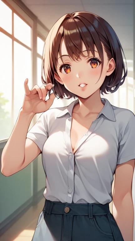 (head shot:1.2), (from above:1.2), frame in, from right in front of face and body, view straight on, upper body, High quality, very high res, High quality, very high res, cute girl, brown hair, forehead, blunt bangs, bob cut, blush, Brushed up bangs, wearing a plain t-shirt, shirt lift, medium breasts, pale pink nipples, I can see your belly button, (kneeling down pose), fellatio, pleated skirt, at office