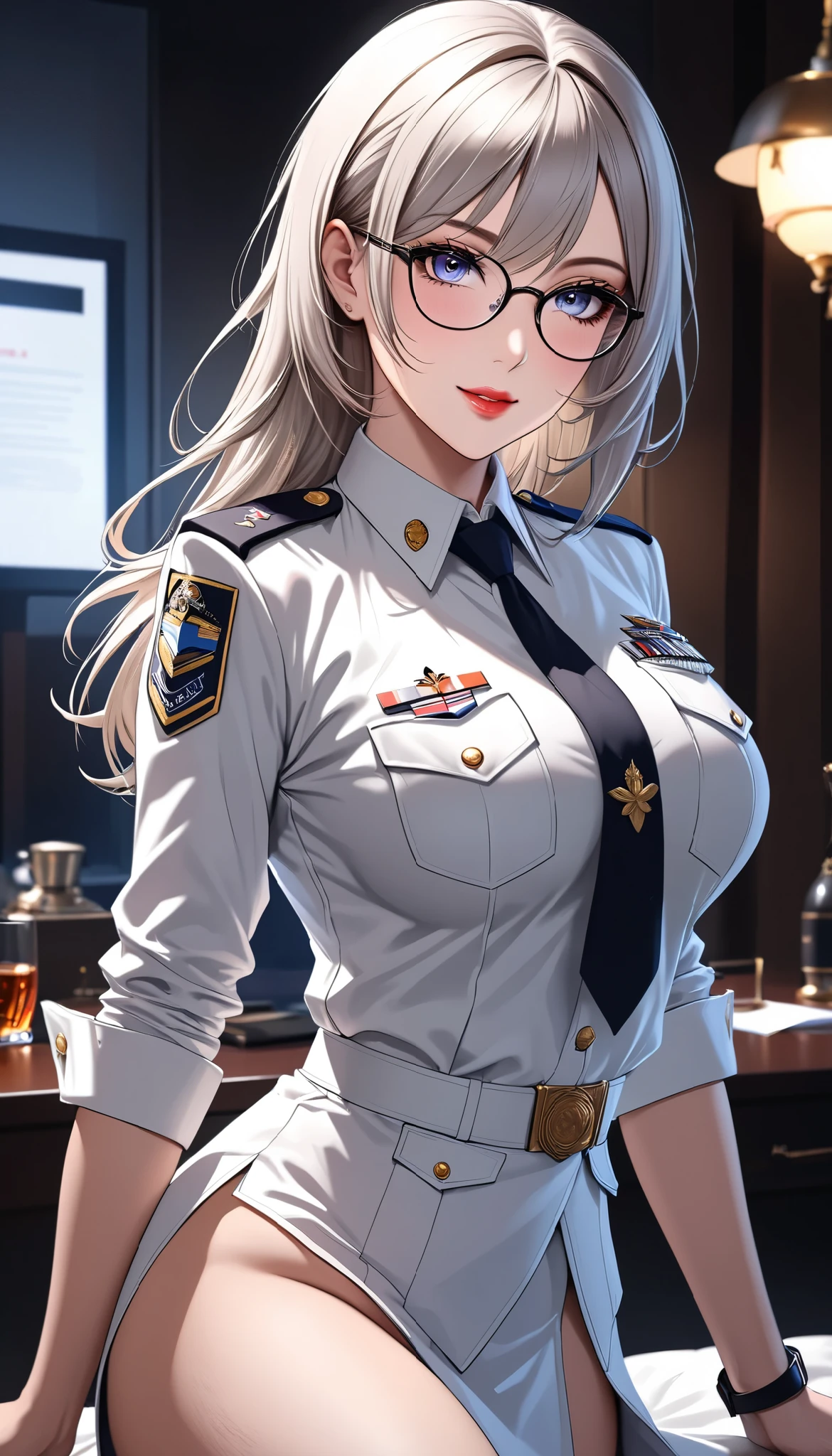 1 policewoman, standing in the conference room with two slips in her hand, calm expression, charming eyes, straight hair, solemn police uniform, calm posture, porcelain-like skin, subtle blush, (edge lighting): 1.2, warm colors, sun flares, soft shadows, bright colors, painting effects, super detailed, official art, unified 8k wallpaper, zentangle, mandala