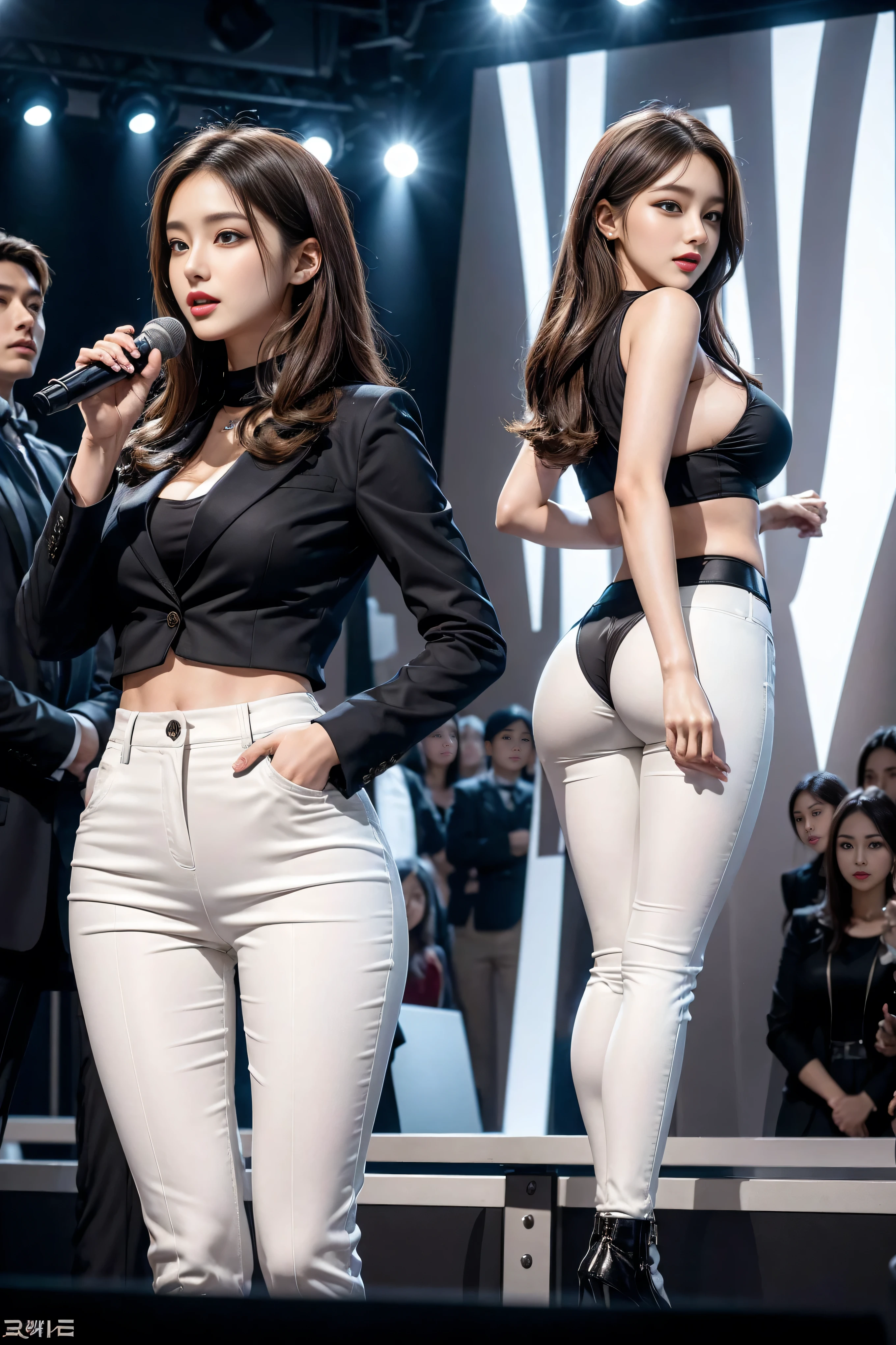 (8k,Highest Quality,masterpiece,practical,Super detailed:1.3),(1 girl,Beautiful Korean girl, Korean pop idol),(Black suit jacket:1.2),(White skinny trousers:1.1),(Serious expression:1.2)discuss,(speech,Handheld Microphone:1.2)(crowd,audience:1.3),Sexy long legs, (Thigh gap:1.5),Wide hips,S-Shaped Body, Hips lifted,,black hair,(Ass Focus:1.1)Shot from behind
