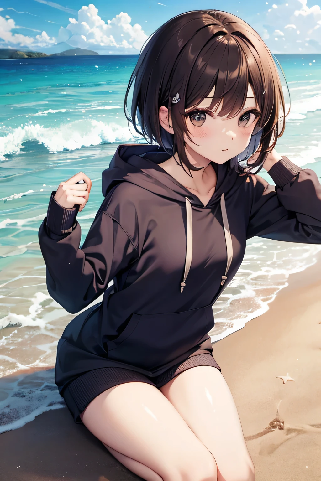 One Girl cute Petite breasts are slightly larger The legs are very thin Wolf ears Brown short hair The background is the sea Swimwear Clothing hoodie Embarrassed face