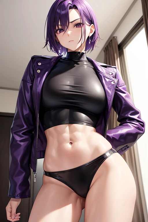 a close up of a woman in a black leather outfit, muscular! cyberpunk, female cyberpunk anime girl, oppai cyberpunk, aeon flux style, character from king of fighters, style mix of æon flux, perfect anime cyborg woman, female protagonist 👀 :8, anime girl, inspired by Okumura Masanobu