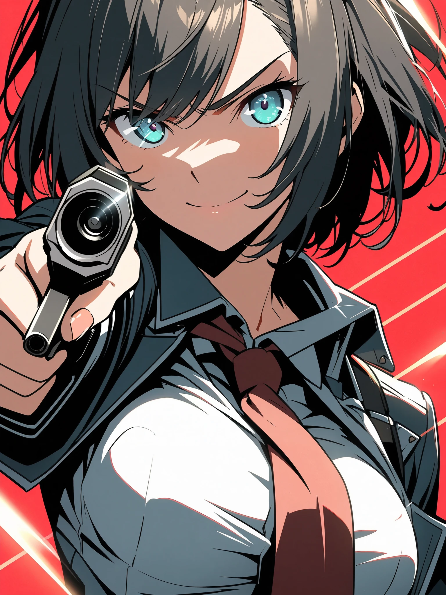 pointing the gun at the viewer , high resolution, Rim lighting,Optical illusion, scan line ,