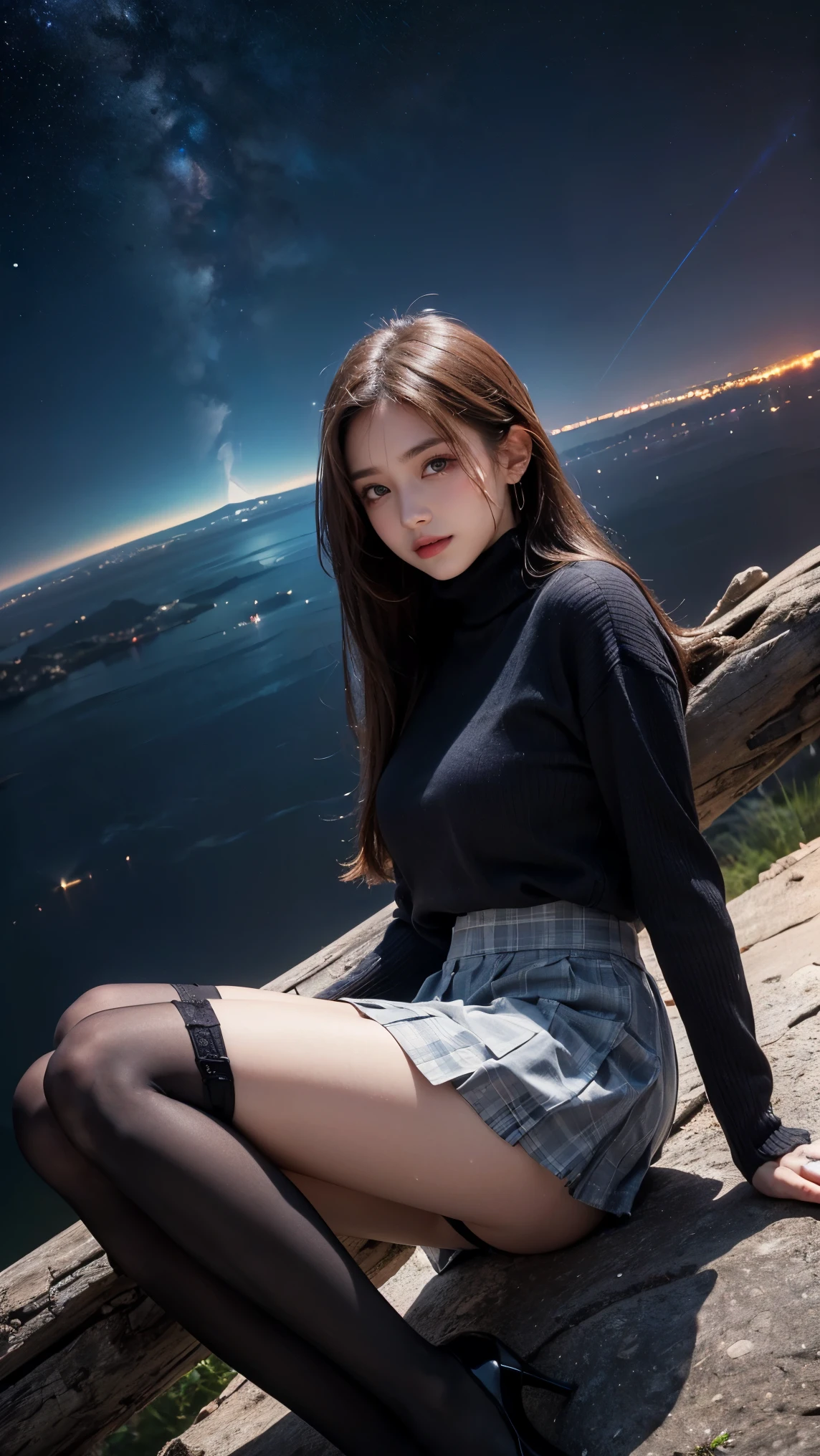 Beautiful Korean Girl with a black sweater no pants, doing a pose on a dock at night