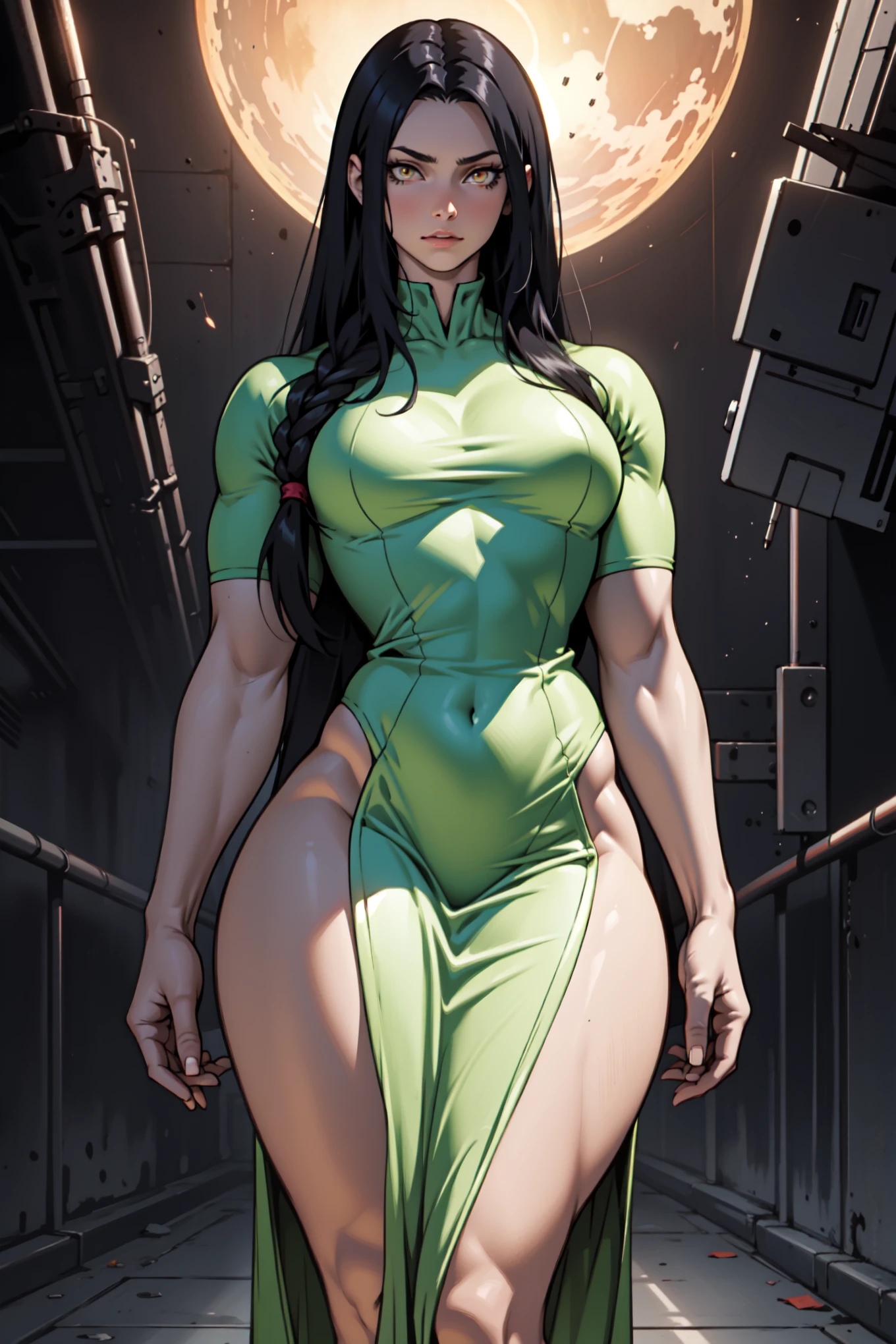 Young girl, Pullover, Green bodysuit , full suit, whole body to see, smile showing teeth, closed eyes , straight hair , (( very wide hips)), (((colossal Thighs, gigantic thighs, very huge thighs, very big thighs))), fullbody, platform heels, pale skin, big breast, gun, soldier girl, standing, front pose, black hair, Cyberpunk,