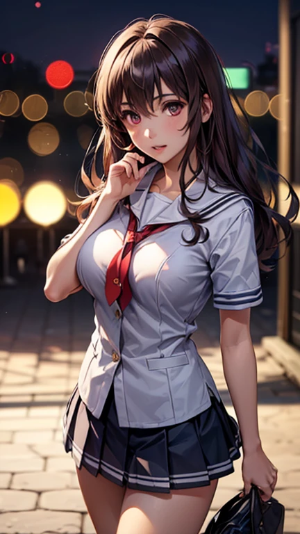 8k,best quality, masterpiece, ultra detailed, ultra high res, photorealistic, raw photo, absurdres, absolutely resolution, 1girl, solo,upper body, looking at viewer,a Japanese young pretty girl, Japanese idol,hyper cute face, glamorous figure, gigantic breasts, cleavage , long bob hair ,smile,(school uniform:1.3), Walking to school with a smile on his face, glossy lips, double eyelids in both eyes, natural makeup, long eyelashes, shiny smooth light brown long bob blonde hair, asymmetrical bangs, shiny skin, central image, sky blue eyes, high resolution, high detailing, detailed hairstyle, detailed face, spectacular movie lighting, octane rendering, vibrant, hyper realistic, perfect limbs, perfect anatomy