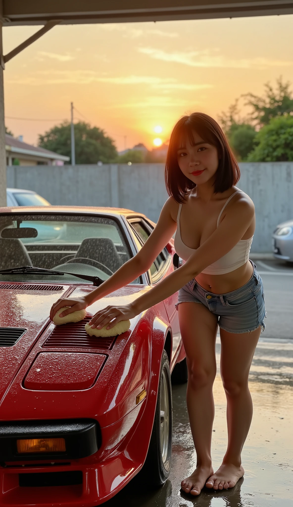 A stunning candid photograph captures a gorgeous female car enthusiast with short hair, washing a sleek mazda rx7 Countach in her outdoor carport. She is dressed casually in white crop top and short jeans, her toned arms as she wipes the front windshield with soapy sponges. The sun is setting, casting a warm, golden light that highlights the curves of the car and the woman's radiant smile. The scene is artfully composed to entice the male viewer, blending the beautiful sunset with the glamorous car and the captivating female subject, 1girl, High Resolution, Anatomically Correct, Best Quality, HD, Super Detailed, UHD, white natural skin, korean face, short hair, black hair, perfect body