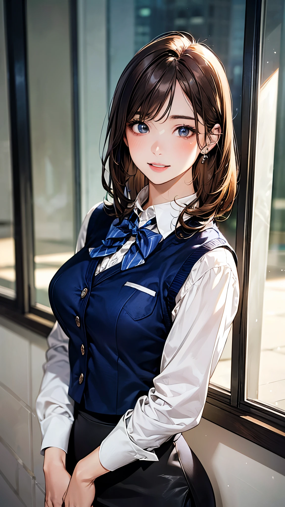 (masterpiece:1.2, top-quality), (realistic, photorealistic:1.4), beautiful illustration, (natural side lighting, movie lighting),
looking at viewer, full body, front view:0.6, 1 girl, japanese, office worker, reception, perfect face, cute and symmetrical face, suntan, shiny skin,
(middle hair, straight hair, light brown hair), forehead, brown eyes, long eye lasher, (medium breasts), slender,
beautiful hair, beautiful face, beautiful detailed eyes, beautiful clavicle, beautiful body, beautiful chest, beautiful thigh, beautiful legs, beautiful fingers,
(grey vest:1.2), (navy pencil skirt), bow tie,
(beautiful scenery), big break, (modern office indoors), cityscape of windows, (lovely smile, parted lips),