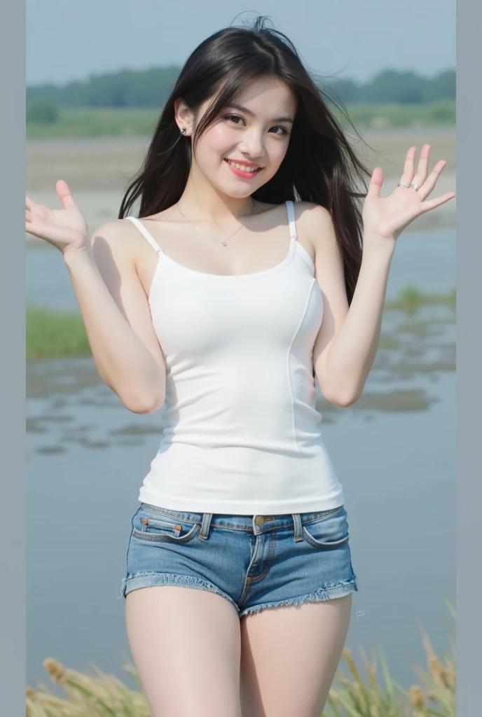 One girl, one girl, one person, long tongue, tongue out, sticking out tongue, sticking out tongue, open mouth and showing teeth, natural smile, (((salute))), salute, salute, Japanese girl, 20-year-old girl, beautiful, pretty face, cute face, mischievous expression, tank top,