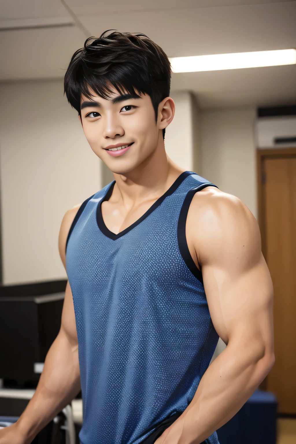 18-year-old male、 Japanese、 handsome、 macho、 athlete、smile、Short Hair