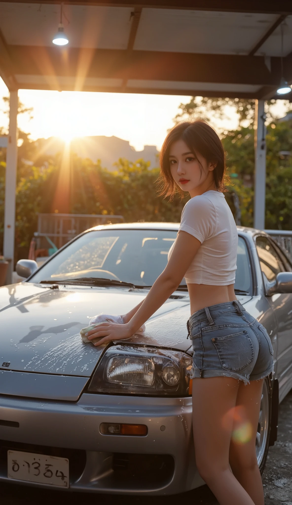 ((1girl)),in naked, pose at carwash shop, makeup with glossy lip, small breasts, (naked:1.4), various angle, ((face focus)), 22 years old, Beautiful Korean Girl, ((standing back)) pose, (nsfw:1.4), ((at car wash shop)), (she is wet:1.4), ((foam and water))