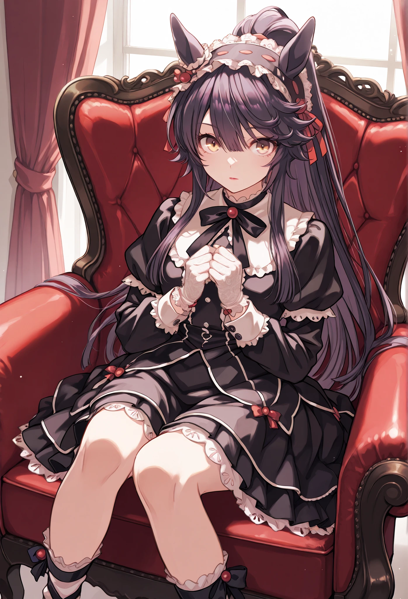 {{{masterpiece}}}, {{{ top quality }}}, {{ More details}}, {illustration}, {{ so delicate and beautiful }}, detailed skin, detailed eyes {{{Uma Musume}}},{{{Narita Brian:1.7}}},{{{expressionless}}} , black hair,Right Ear Ornaments , {Red lipstick},{White lace socks},{Forehead shoes},{{{gothic ta dress}}},{{{Gothic Loliumper Skirt with Black and White Tiered Skirt and Ruffled Hem:1.5}}},{ lace and ruffle headdress },{White lace gloves},{Particles of light},{ sit in a luxurious chair},{ folding hands in front of the chest },{upper body},{25 years old}