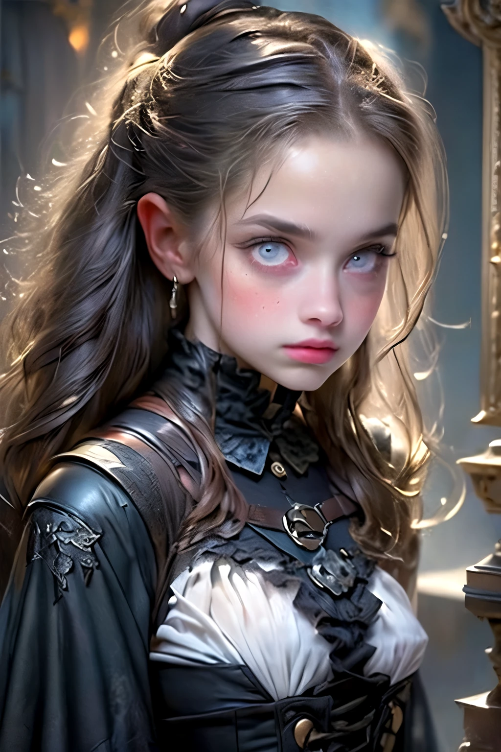 ((best quality)), ((masterpiece)), (detailed), (1girls), a female occultic knight, witch, knight, wielding a magical sword the blade of which seems to flicker in and out of reality, perfect face (((mastepiece, of the highest quality, super detailed))), photorealistic, Dark fantasy art, dark fantasy, ((gothic art)), ((Bloodborne inspired)), (Victorian era inspired), (Brotherhood Of The Wolf inspired), Lady Maria inspired, typical witches hat blended with a hunter's cap, (occultic vibe), (cosmic horror vibe), (occultic military uniform), (military witch), ((intricate and beautiful cloth and leather clothing)) (ritual), (ceremony), (coven), ((smoke heavy in the air)), ((a sense of great conflict and adversity)), ((mature, foreboding atmosphere)), ((a sense of an ongoing apocalypse)), ((end times aesthetic)), ((biblically evocative)), ((dark and gloomy)), ((((Highly detailed face)))), small thin nose, Small thin lips mouth, (((Very sharp focused eyes))), ((perfect symmetrical beautiful eyes)). looking here, (resolved expression), (resolute expression), (sad face), beautiful (((very small breasts))), (((little boobs))), (((tiny breasts))), (((flat chest:0.1))), (((very tiny boobs))), (((very flat chested))), ((blonde)) hair, ((long ponytail, thick ponytail, heavy ponytail)), very long eyelashes, soft lighting