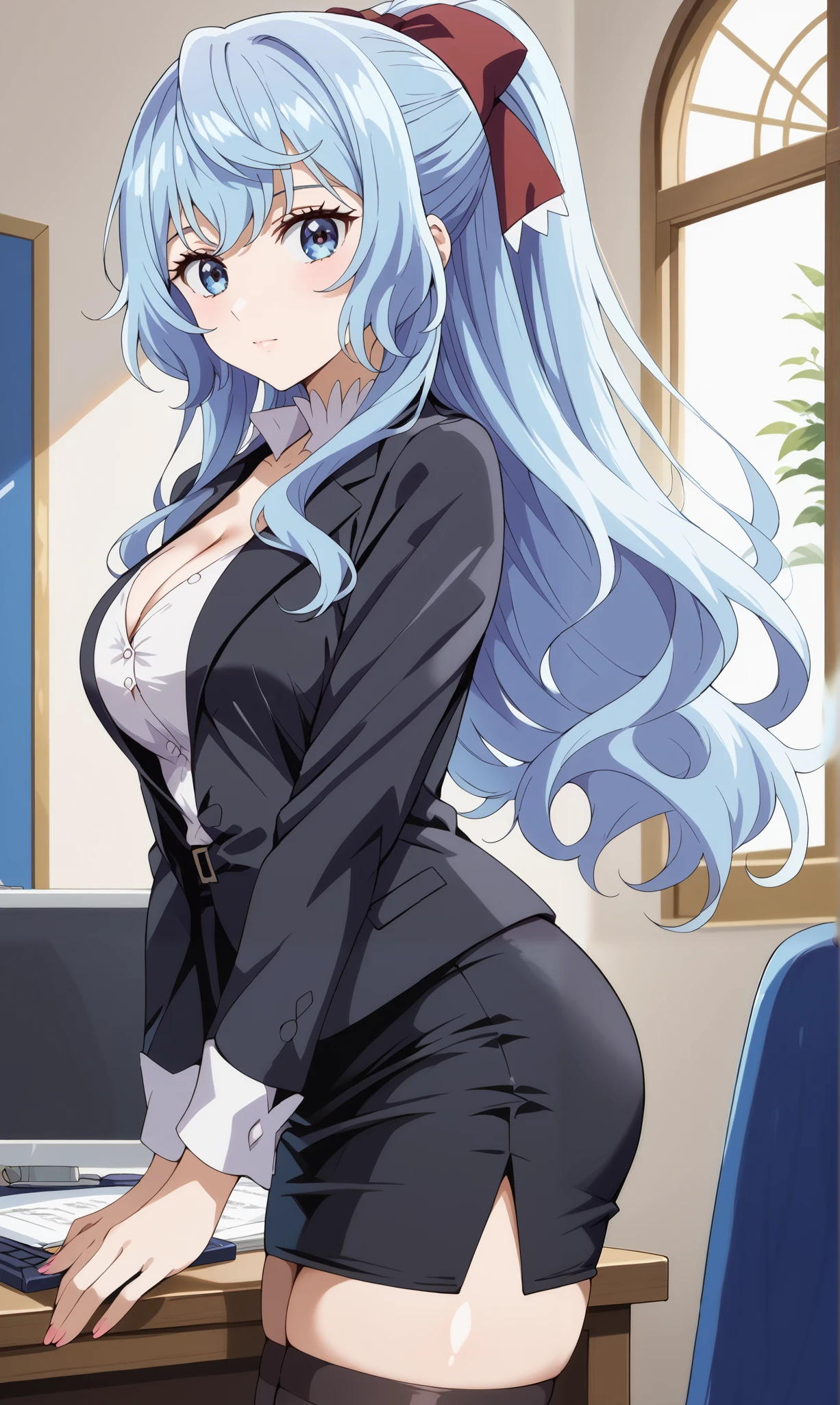 score_9, score_8_up, score_7_up, source_anime, 4K,perfect fingers,(perfect hands, perfect anatomy),prefect lighting, very aesthetic, intricate details,highly detailed background, masterpiece, high quality, best quality,
1girls,solo, liselotte cretia, long hair, blue eyes, blue hair, ponytail, hair bow, large breasts,,
wearing ((office lady,black suit jacket,white t-shirt ,cleavage,black pencil Skirt,thighhighs,)),,
side view, nsfw,looking at viewer, (side:1.0) view,