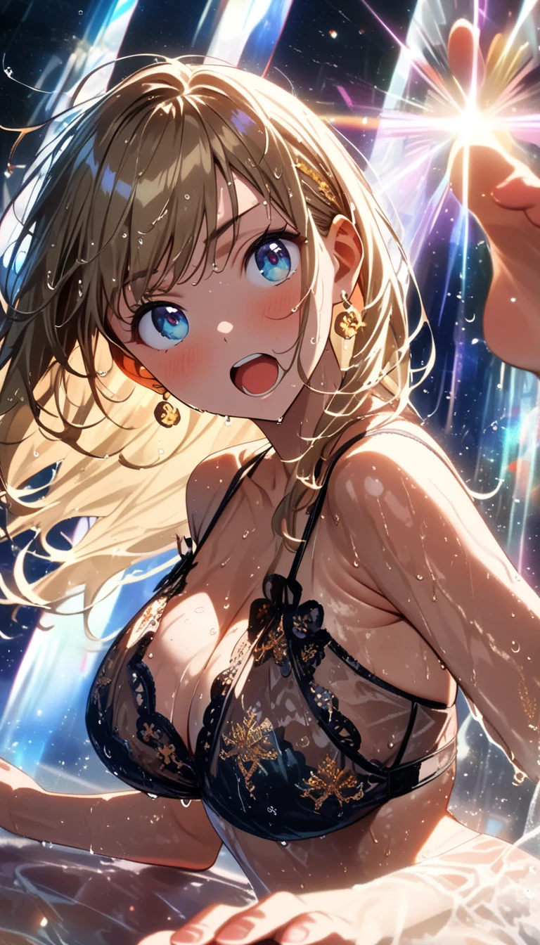 detailed textures, high quality, high resolution, high accuracy, Realism, color correction, correct lighting settings, harmonious composition. (high quality, a high resolution, Small parts), Shimmering background, (prismatic dress:1.2), Sparkling accessories, One, curvy women, Long blonde hair fluttering in the wind, graceful pose, sparkling eyes, (detailed eyes:1.2), smile, blush, Sub, oily skin, shallow depth of field, unearthly beauty, bright colors, soft lighting--ar 3:4- Niji 6