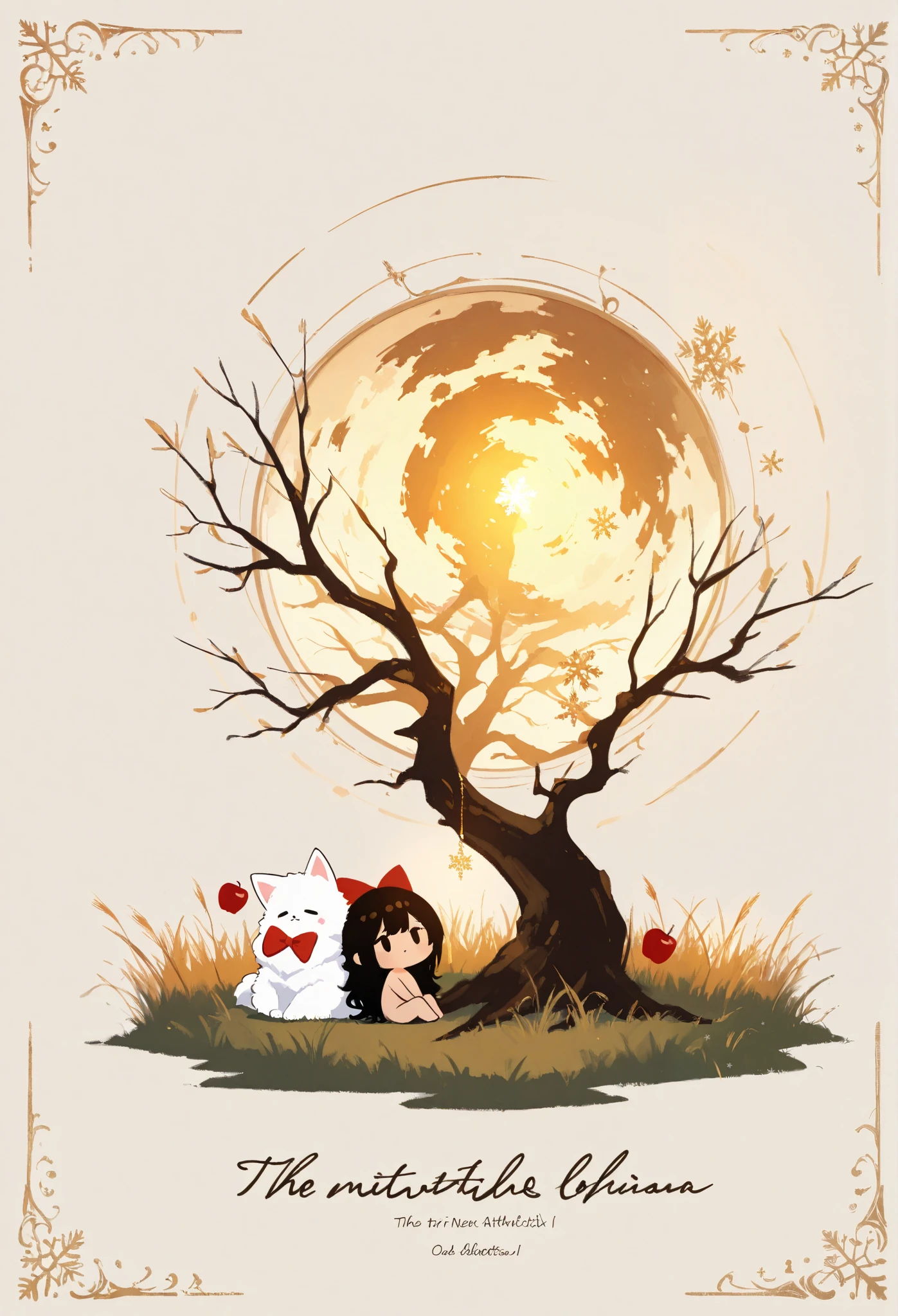 art_new, minimalism, high detail, Dark Girl, chibi, Sitting Poses, nude, too big bow , The Aesthetics and 「God Knows I Tried」 melancholic expression of the phrase {x} in elegant cursive , spiritual tree , Bare Branches , Red Apple, abstract round frame , Fluffy Snowflakes , Warm Golden Glow , delicate grass , surreal winter atmosphere , white negative space