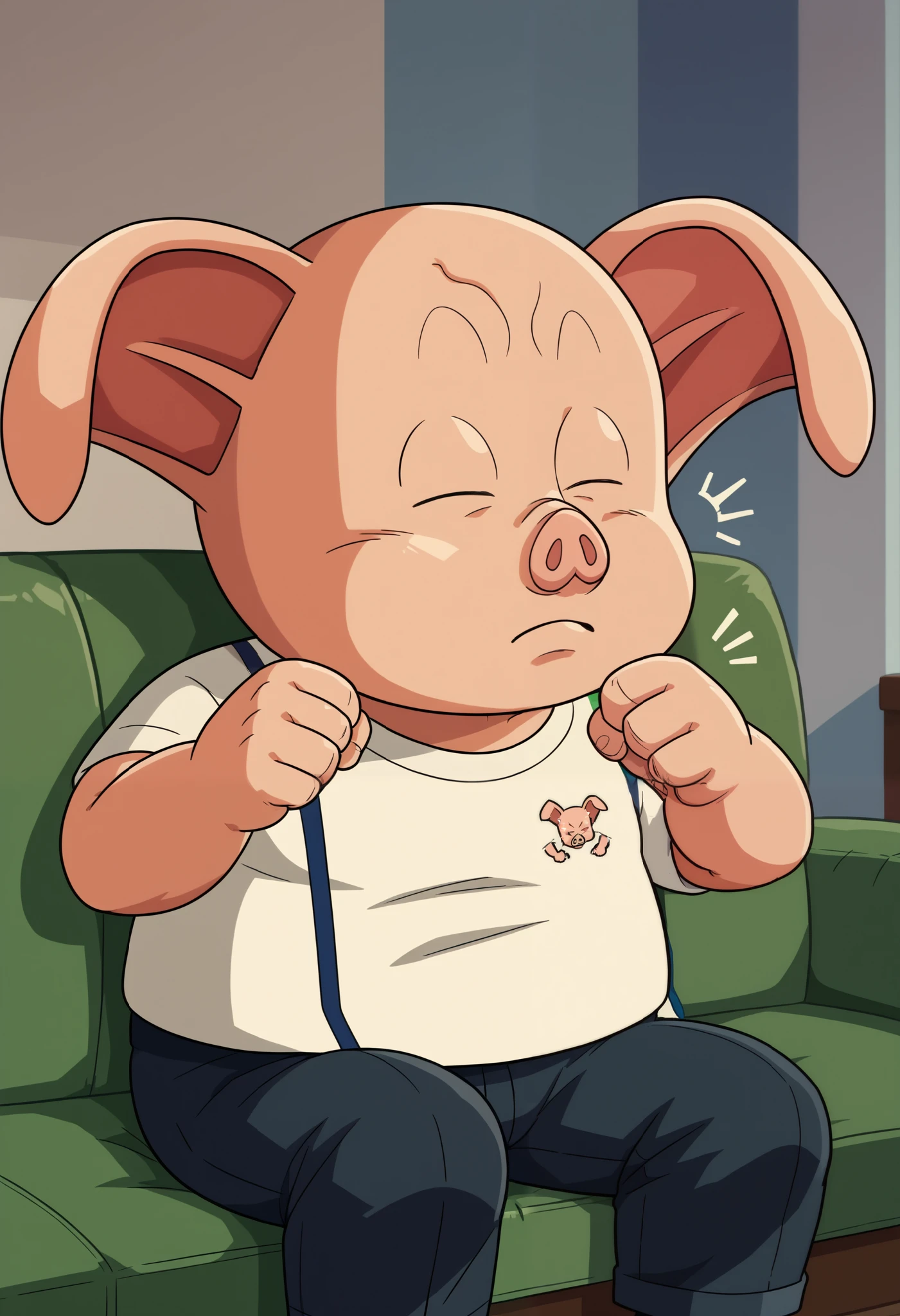 score_9, score_8_up, score_8, male focus, 1boy, pig man, 0olong, animal ears, shirt, pants, solo, living room, sitting on couch, closed eyes, fists clenched tightly, veins bulging on forearms, face red with tension, jaw clenched, face contorted with effort: eyes tightly shut, veins popping on the forehead, mouth slightly open as if letting out a groan, cheeks flushed deep red