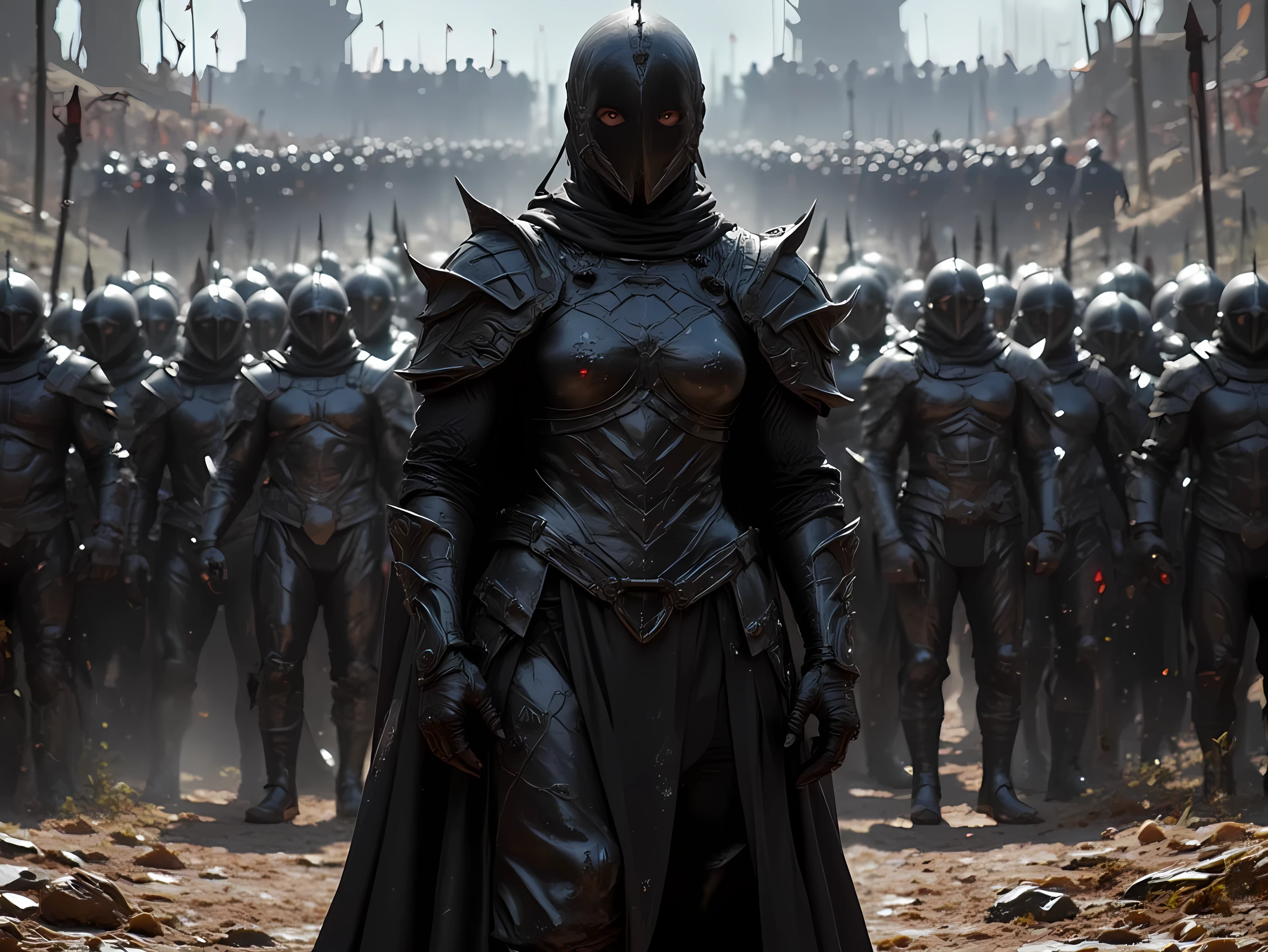 A black armor female knight, standing in the battlefield alone, facing an army