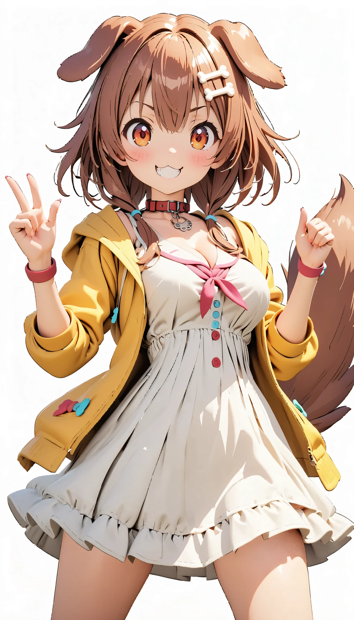 masterpiece, best quality, absurdres, cowboy shot, standing,
Korone, indoors, :3, smile, dog girl, dog ears, dog tail, twin braids, sidelocks, hair ornament, medium breasts,
((white dress)), yellow jacket, bow, collar, collarbone, dress, jacket, open clothes, open jacket, red bow, short dress, sleeveless dress,