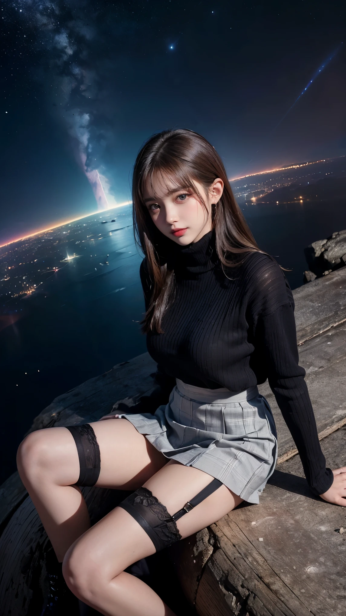 Sitting on a bench at night, snow on the ground, shy, beauty spot on chin, wearing a loose oversized hoodie, off the shoulder, fishnet leggings, hypebeast fashion, sexy thighs, side pose, small mole on the chin, blushing, neon lights in the background, detailed background, raining, long sleeves, neck choker with necklace, long necklace, evil look, detailed digital anime art