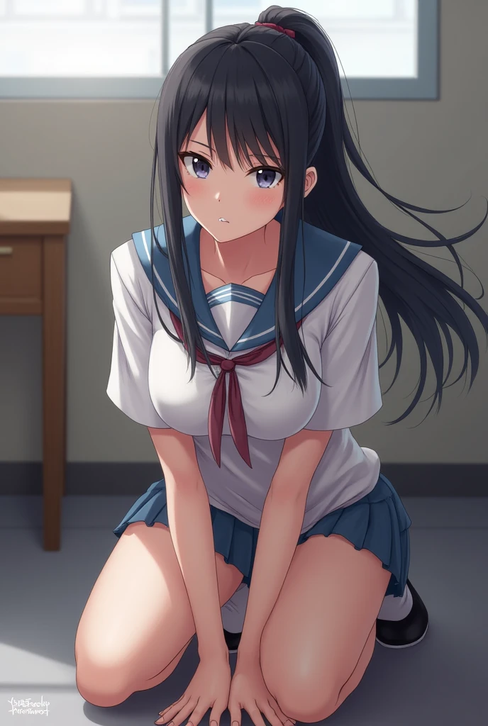 (masterpiece:1.3, top-quality, ultra high res, ultra detailed), (realistic:1.1, photorealistic:1.4), beautiful illustration, perfect lighting, colorful, depth of fields, 
beautiful detailed hair, beautiful detailed face, beautiful detailed eyes, beautiful clavicle, beautiful body, beautiful chest, beautiful thigh, beautiful legs, beautiful fingers, 
looking at viewer, 1 girl, japanese, high school girl, perfect face, (perfect anatomy, anatomically correct), cute and symmetrical face, babyface, suntan, shiny skin, 
(long hair:1.5, straight hair:1.6, black hair), asymmetrical bangs, , blue eyes, big eyes, drooping eyes, long eye lasher, (medium breasts), slender, 
(detailed cloth texture), short sleeve, blue sailor suit, pleated skirt, red sailor scarf, 
(beautiful scenery), evening, (outdoors, cityscape in the distance), squatting, (wince, panicking, parted lips),