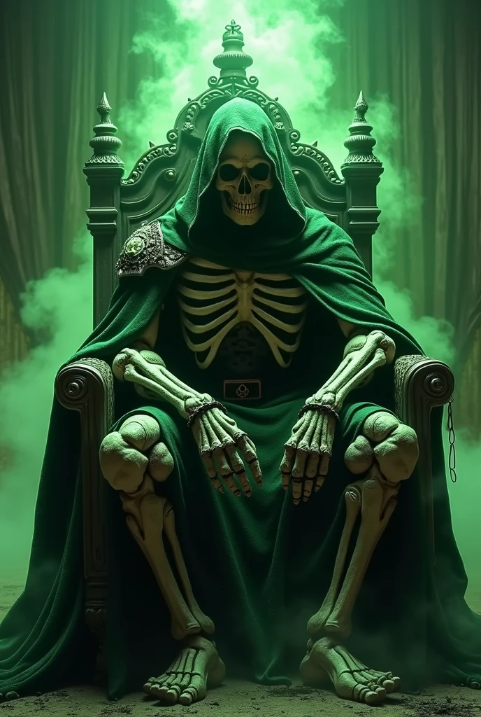 (( of the best quality )), (( masterpiece)), ( detail),Necromancer robot in bone armor, in a torn hooded cloak , sits on a throne, green energy , scary hooded skull