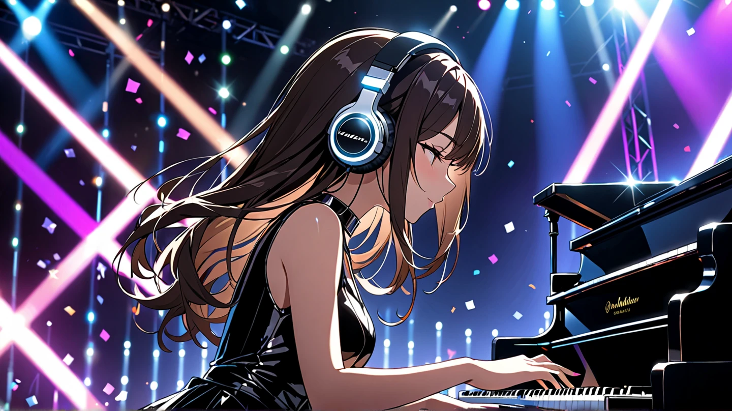 best qualtiy:1.0),(超高分辨率:1.0),(DJ elements)animemanga girl,The upper part of the body, Female DJ,Look at the crowd