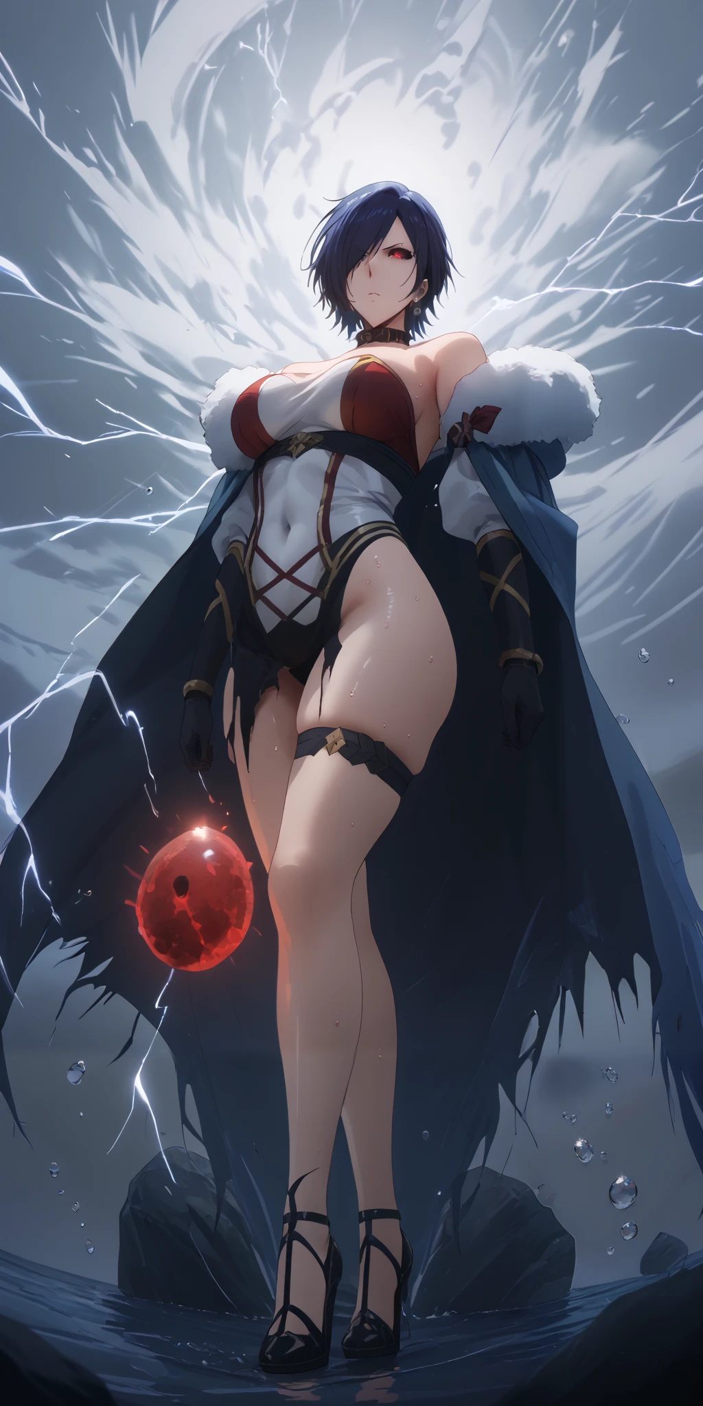 score_9, score_8_up, score_8, score_7_up, kirishima touka, blue hair, hair over one eye, ((black sclera)), red eyes, bright pupils, anime coloring, anime screencap, (voluptuous:1.3), (thick:1.3), BREAK UHD, retina, masterpiece, accurate, anatomically correct, textured skin, super detail, high details, high quality, award winning, best quality, highres, 4K, excessive sweating, sweating, sweating drop, (gasping, heavy breathing:1.3), (skindentation:1.2), perfect eyes, beautiful eyes, eyelashes, makeup, detailed body, perfect body, BREAK, 1girl, gloves, breasts, black_gloves, solo, jewelry, strapless, earrings, fur_trim, leotard, looking_at_viewer, elbow_gloves, full_body, bare_shoulders, thighs, cape, legs, high_heels, walking, covered_navel, dress, fur_collar, electricity, water drop, wind art, torn clothes, rock, magic-realism, expressionless, glaring eyes, hollow eyes, revealing clothes,