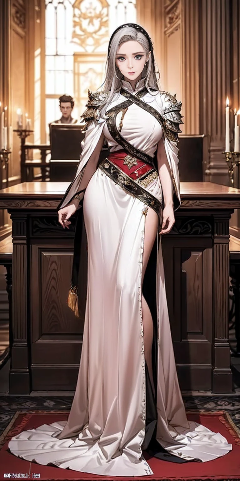 Roman patrician woman in a rich toga of white and gold。She wears a gorgeous hairstyle、In the background you can see the lavish decoration of an ancient Roman palace.。Fine silk curtains swayed around her、Lined with gold-decorated furniture、Lace-up sandals