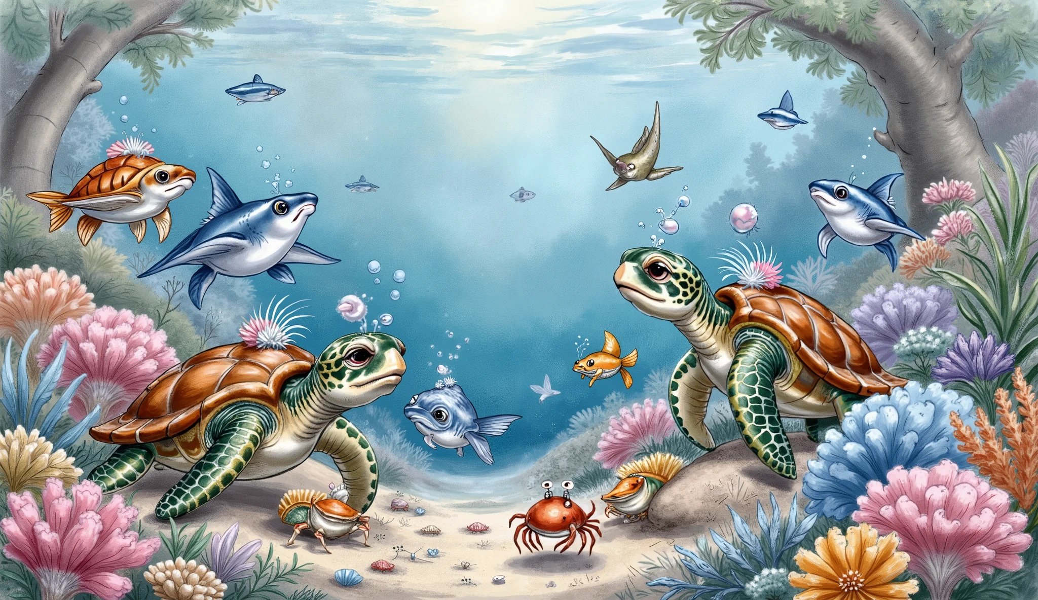 Under water creatures having a party, inside the seas, ocean floor, shells sea turtles, stingray, crabs
(masterpiece best quality:1.2) delicate illustration ultra-detailed,